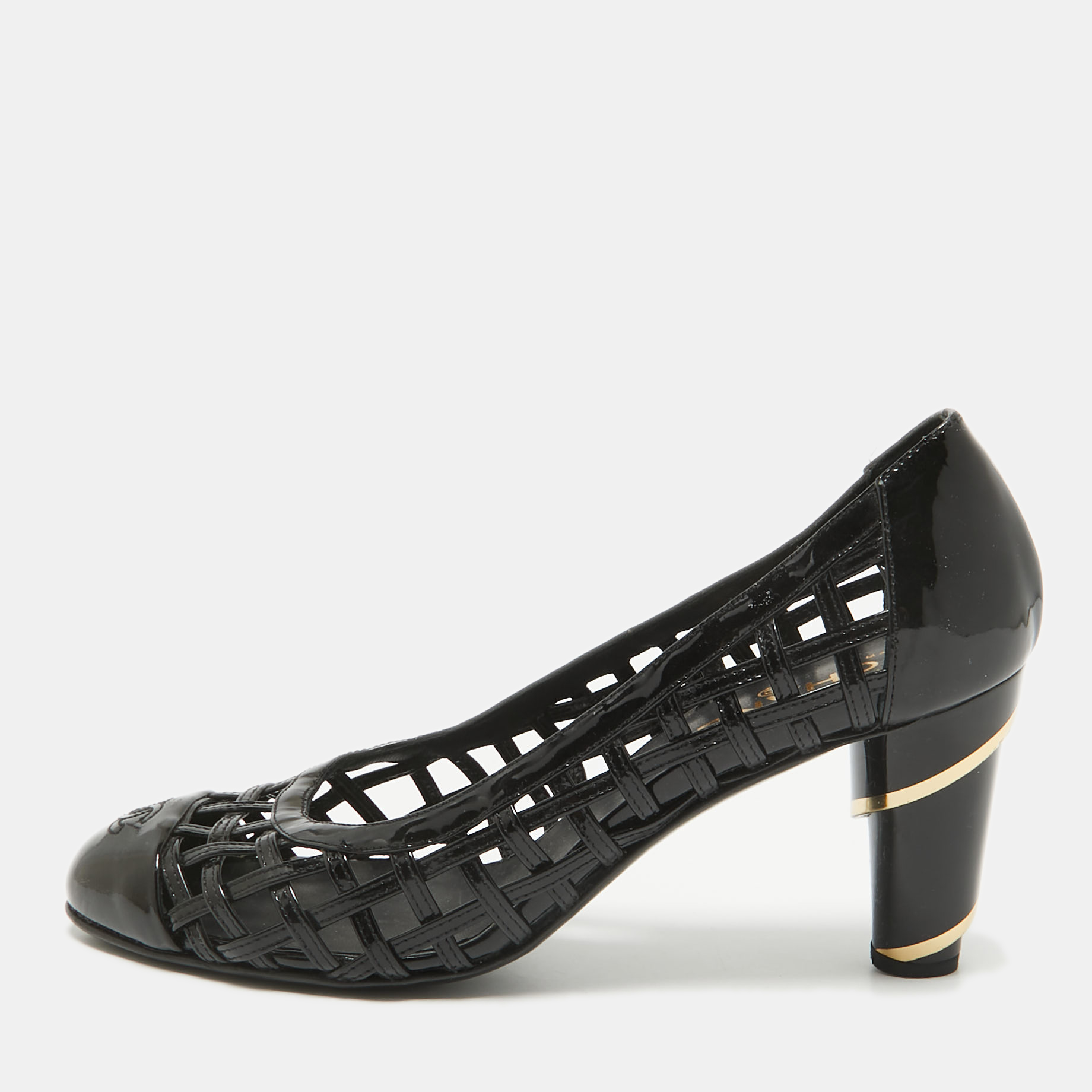 

Chanel Black Patent Leather CC Cap Toe Caged Pumps Size