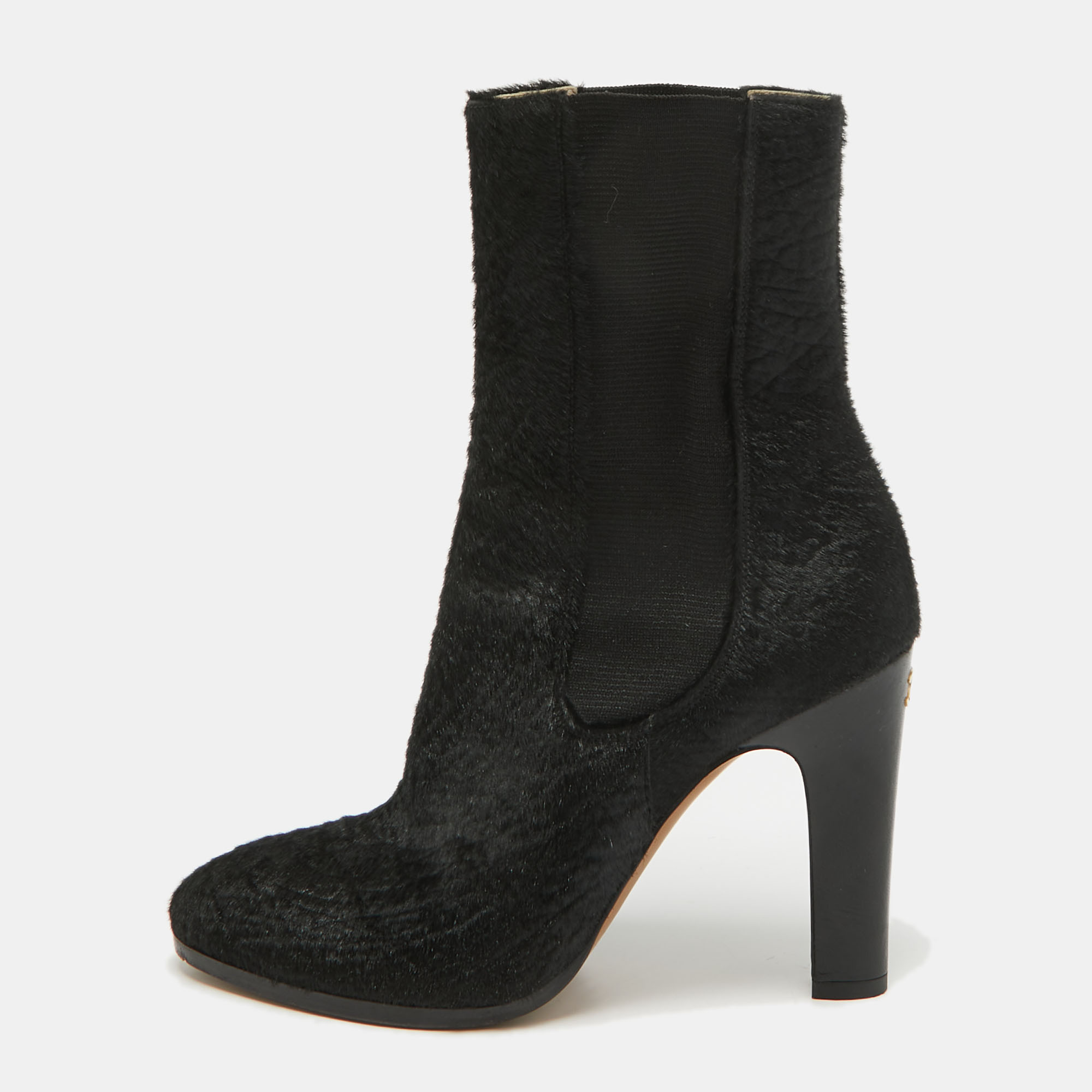 

Chanel Black Calf Hair CC Ankle Boots Size