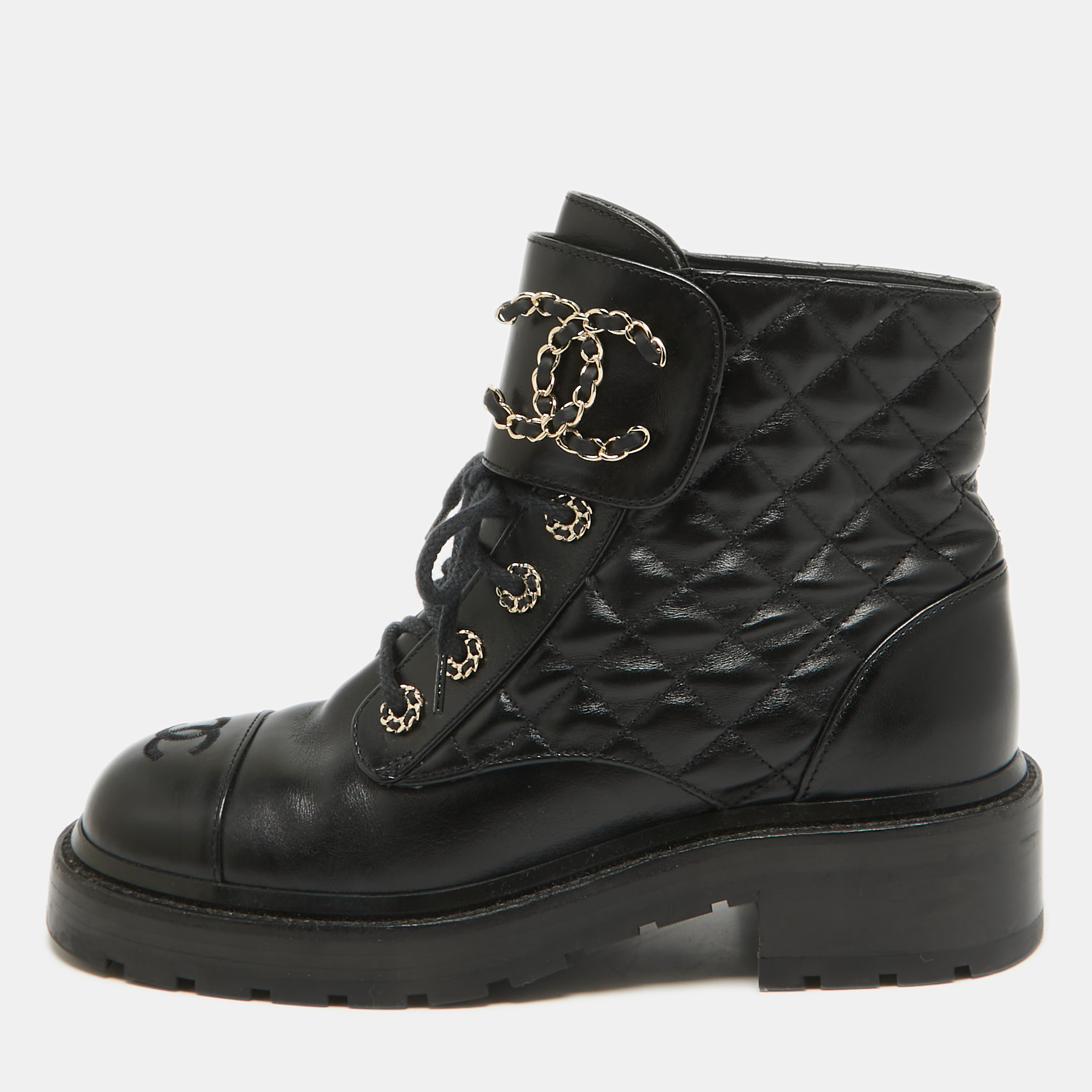 

Chanel Black Quilted Leather CC Cap Toe Chain Link Logo Combat Boots Size