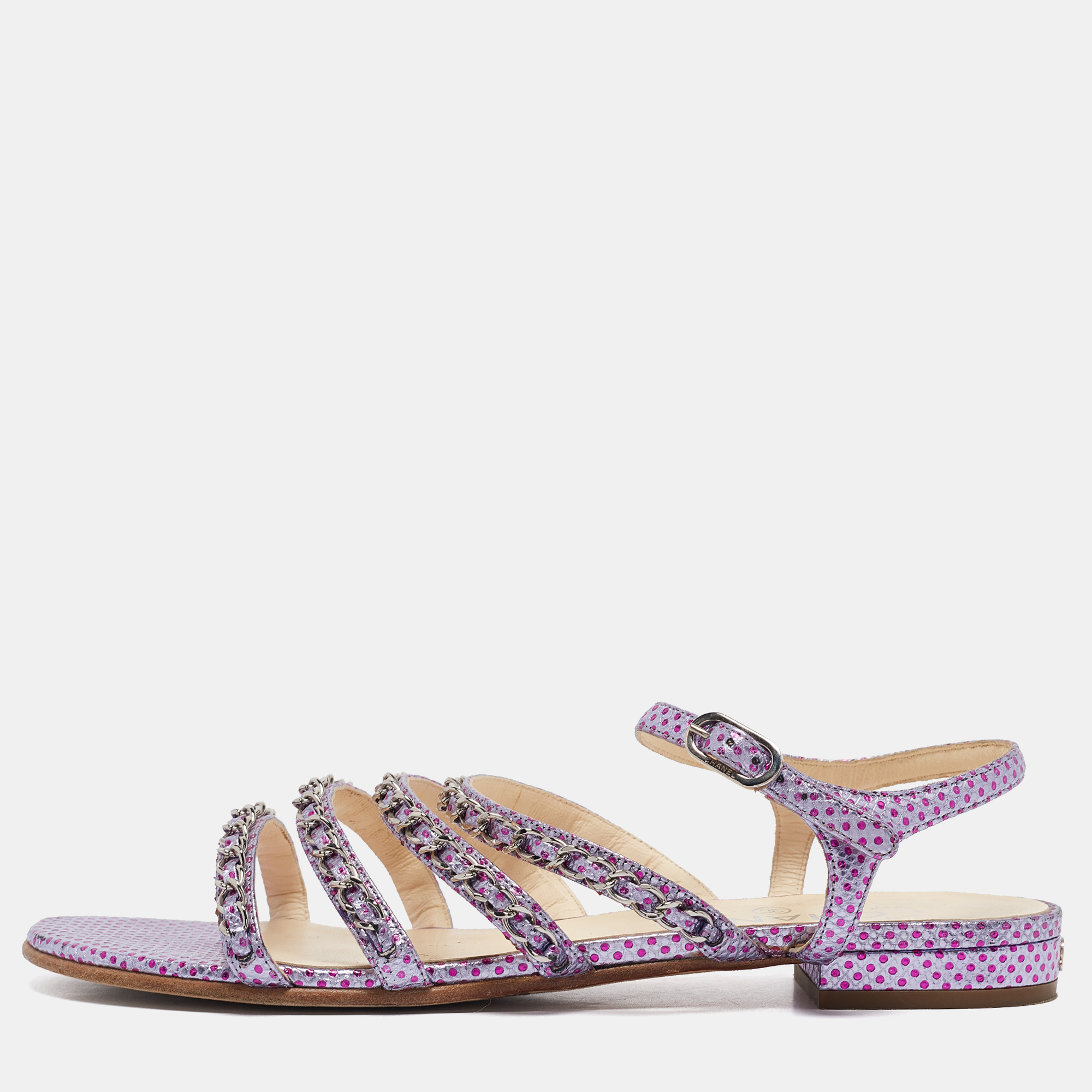 

Chanel Purple Leather Chain Link Detail Strappy Flat Sandals Size