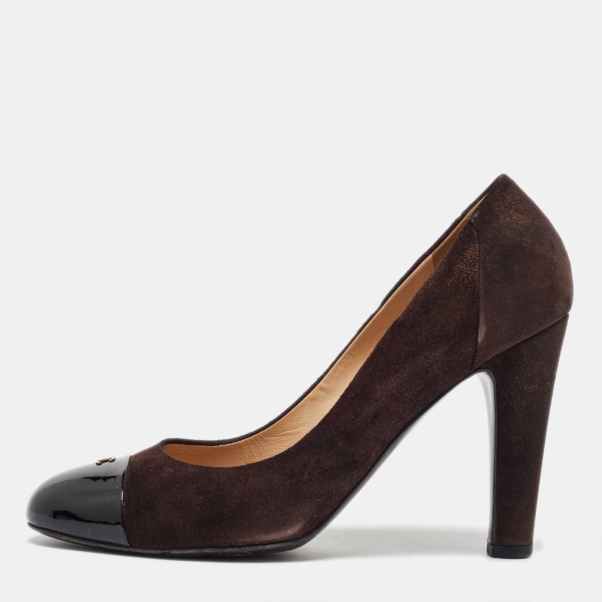 

Chanel Brown/Black Suede and Patent Leather CC Cap Toe Pumps Size