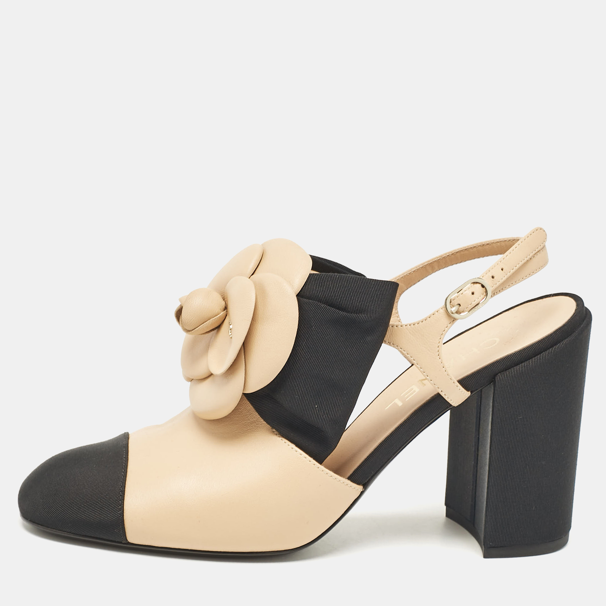 

Chanel Beige/Black Leather Block Heel Slingback Pumps Size