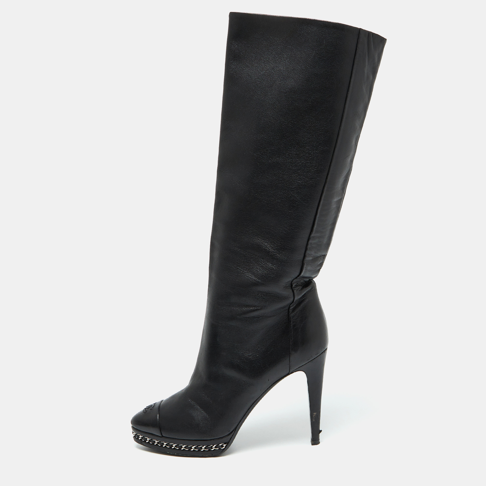 

Chanel Black Leather CC Chain Link Platform Knee Length Boots Size