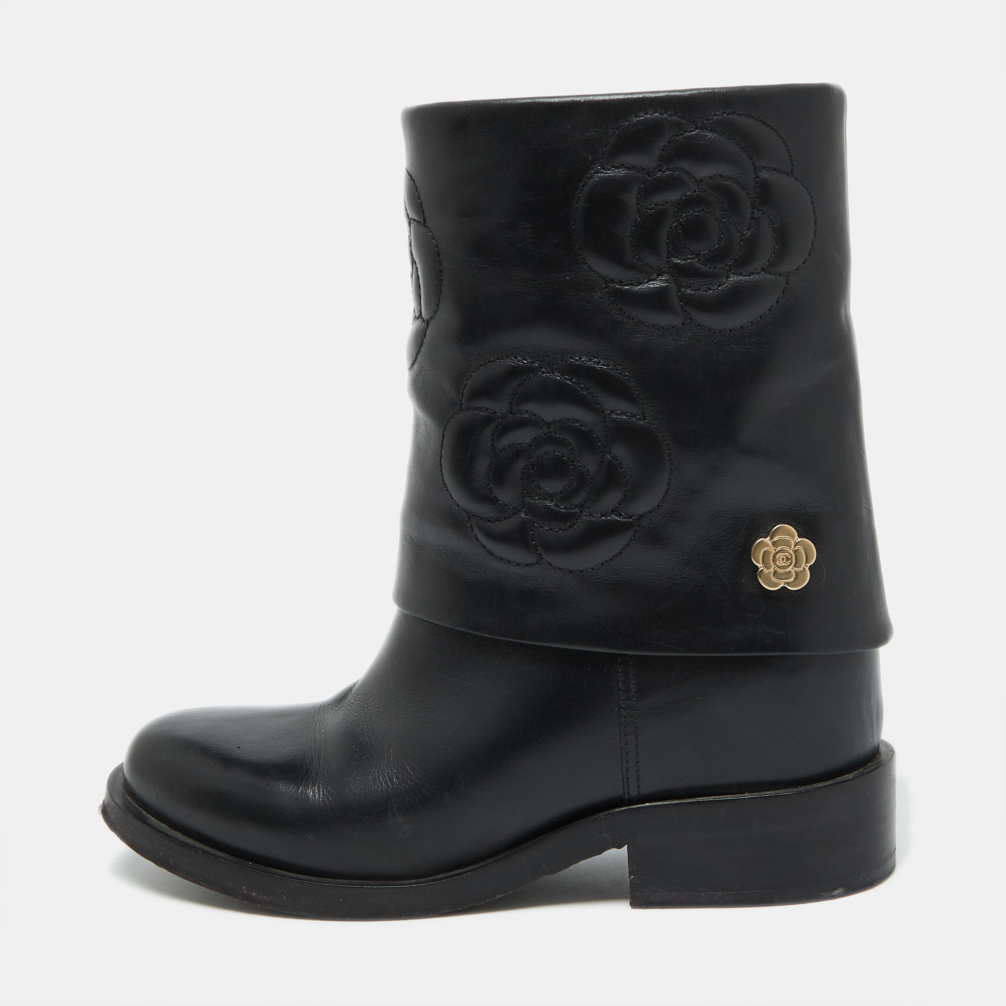 

Chanel Black Leather CC Camellia Stitched Ankle Boots Size