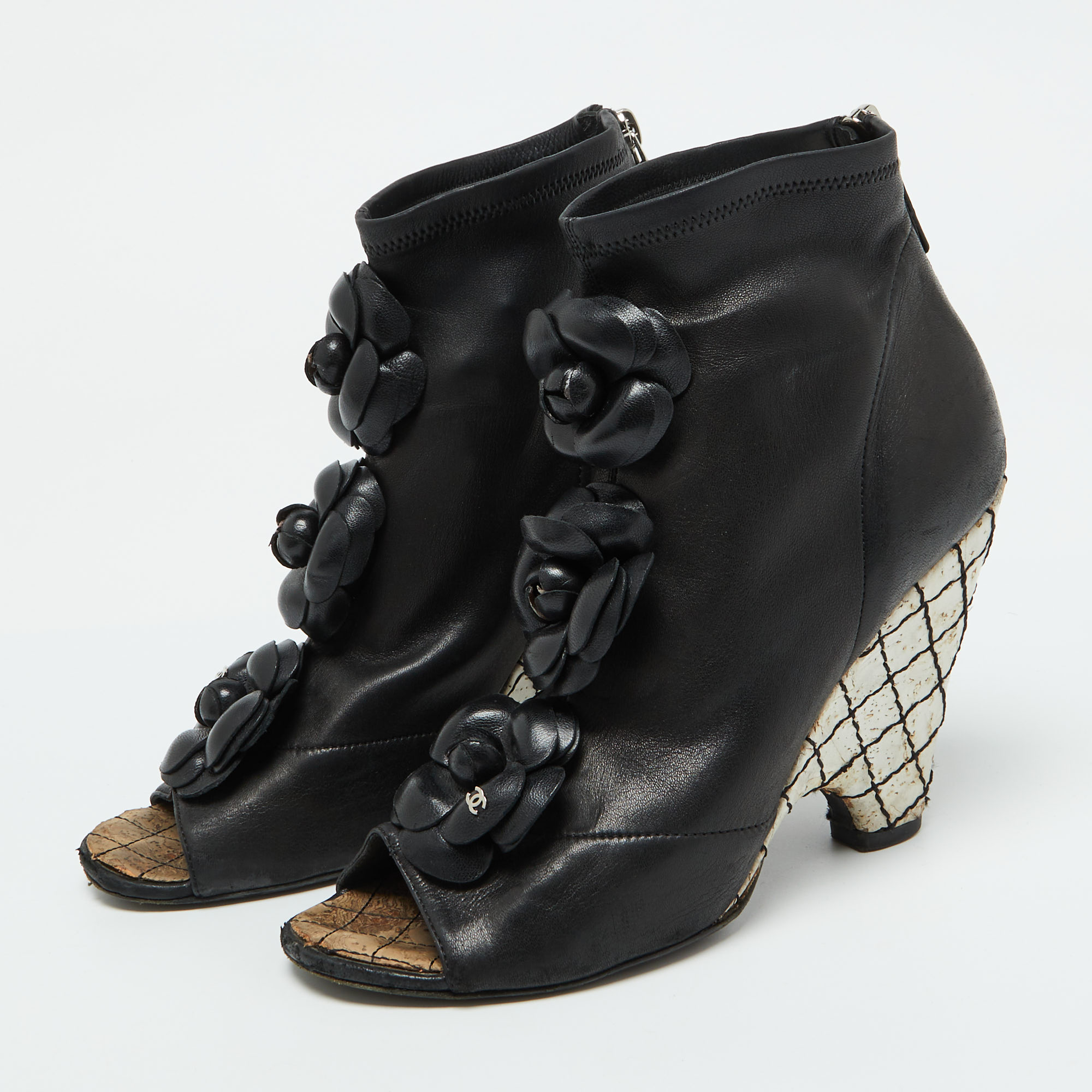 Chanel Black Leather CC Camellia Ankle Cork Wedge Boots Size 39 