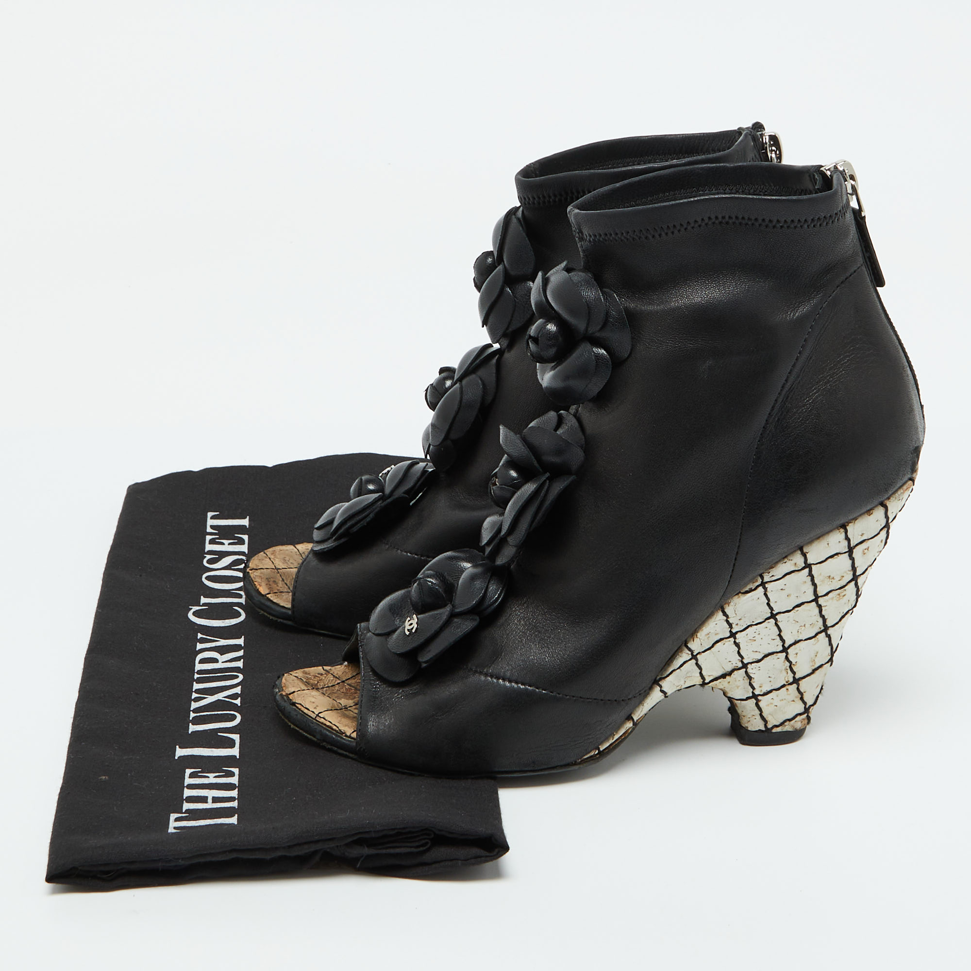 Chanel Black Leather CC Camellia Ankle Cork Wedge Boots Size 39 