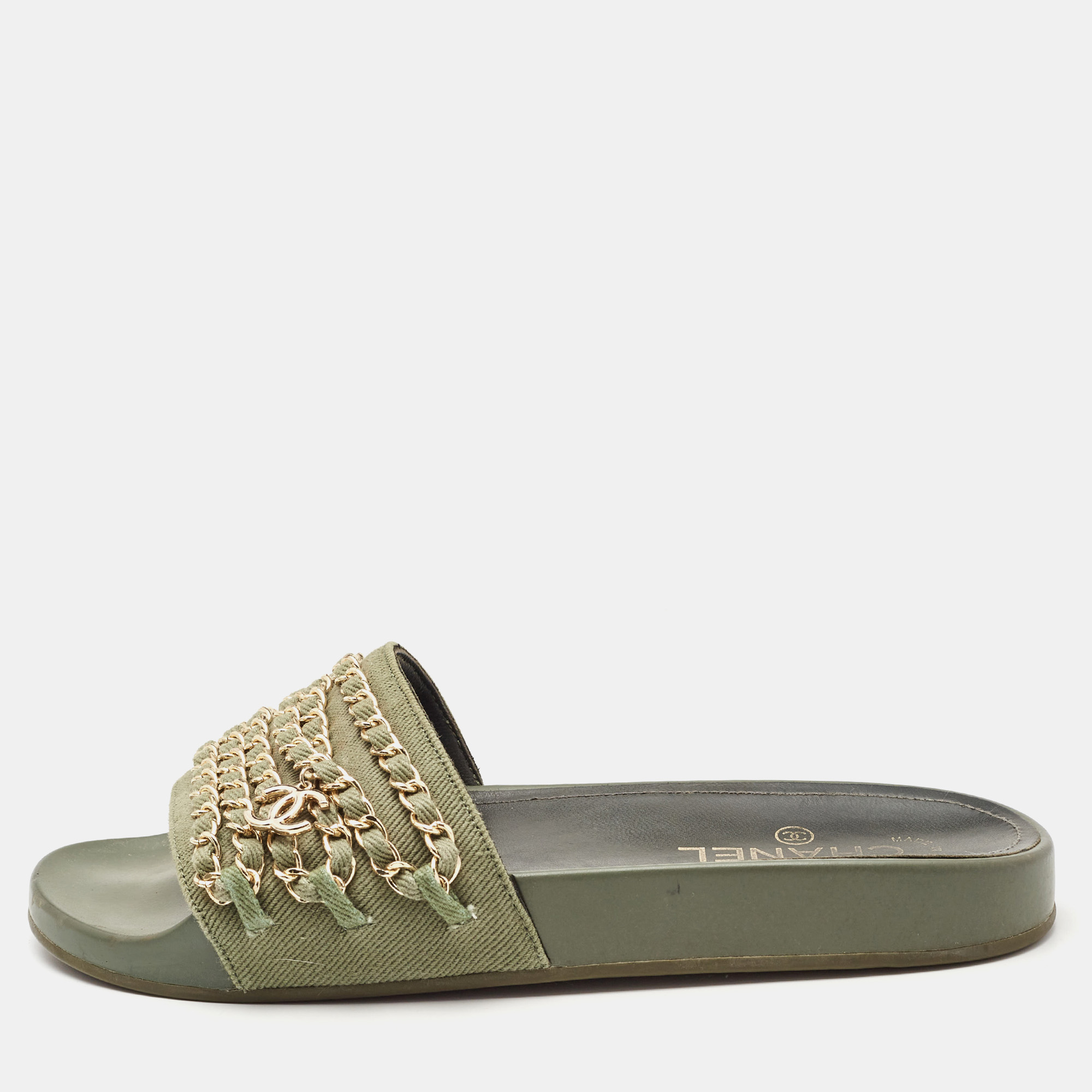 

Chanel Green Denim Chain Embellished Tropiconic Flat Slides Size