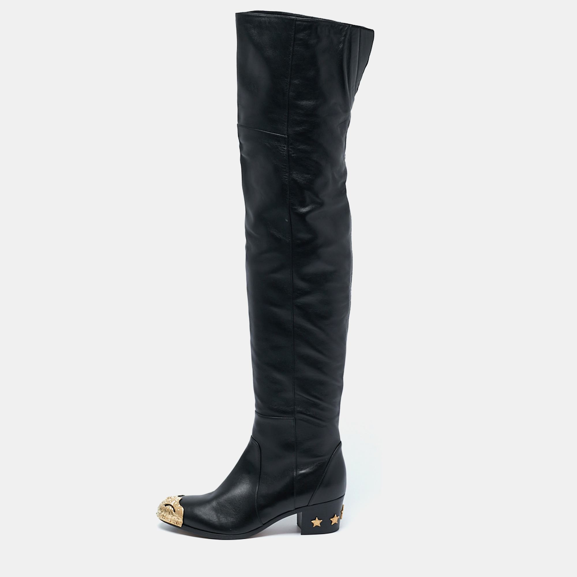 

Chanel Black Leather Paris Dallas Metal Cap Toe Over The Knee Boots Size