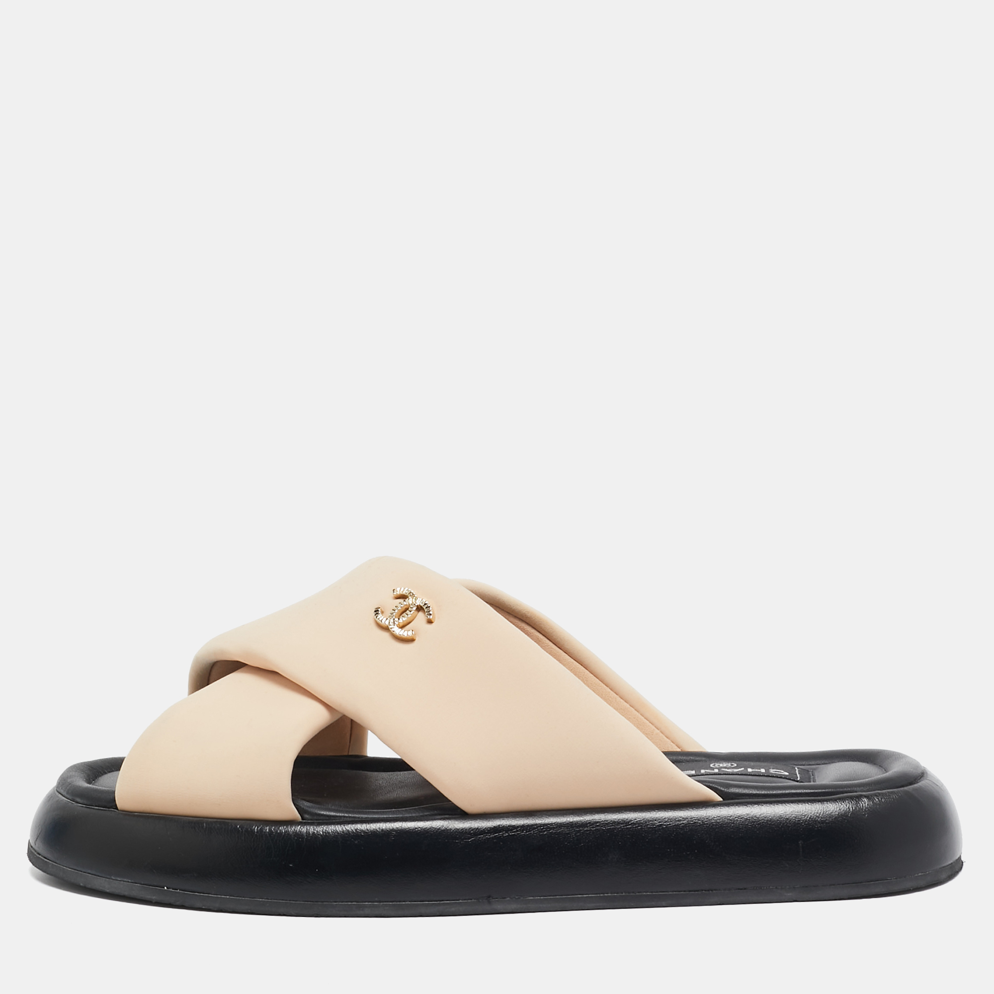 

Chanel Peach Pink Fabric Cross Strap CC Slides Size