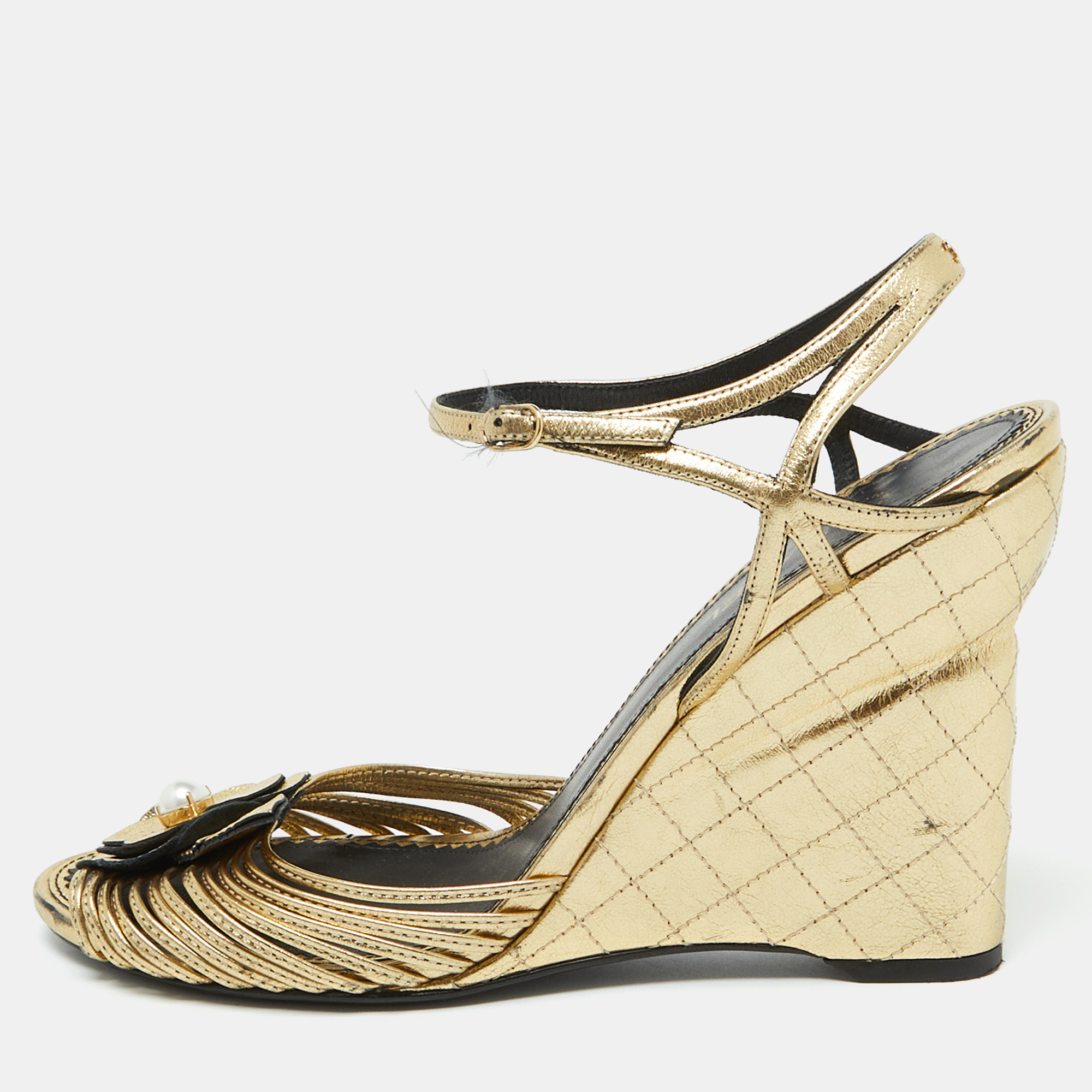 

Chanel Gold Leather Camelia Ankle Strap Wedge Sandals Size