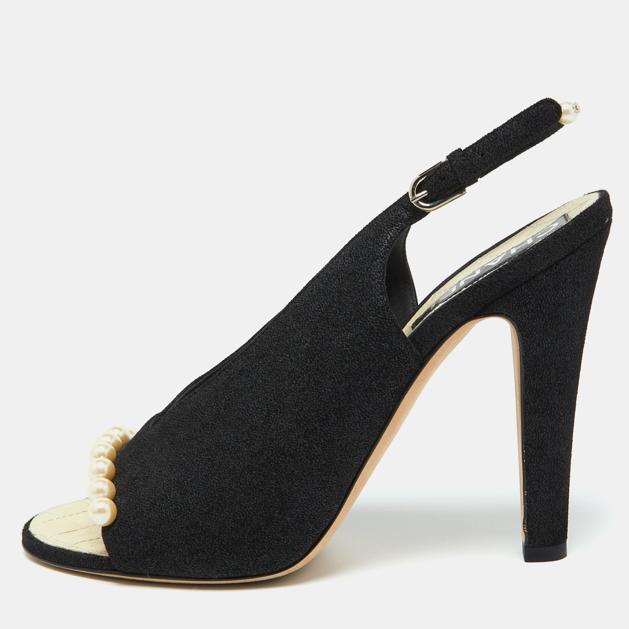 

Chanel Black Suede CC Faux Pearl Open Toe Slingback Pumps Size