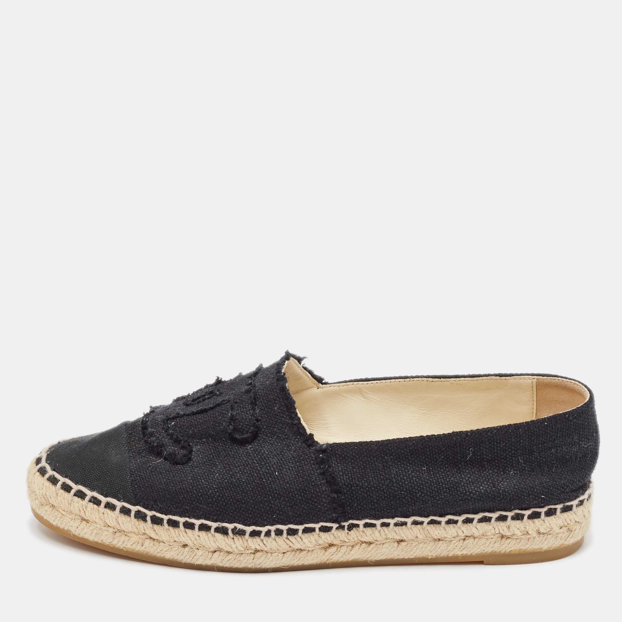 

Chanel Black Canvas CC Cap Toe Slip On Espadrille Flats Size