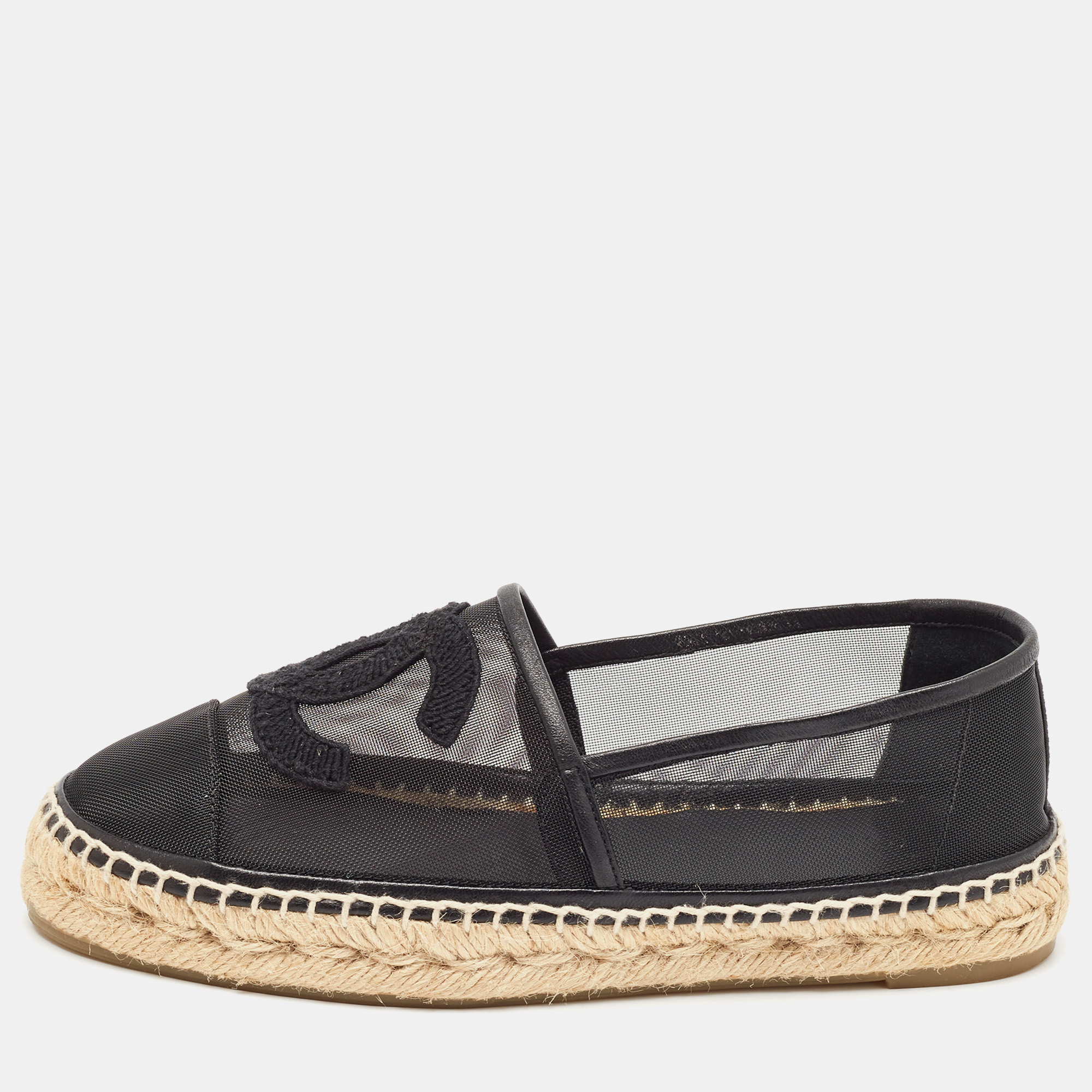 

Chanel Black Mesh and Leather CC Espadrille Flats Size