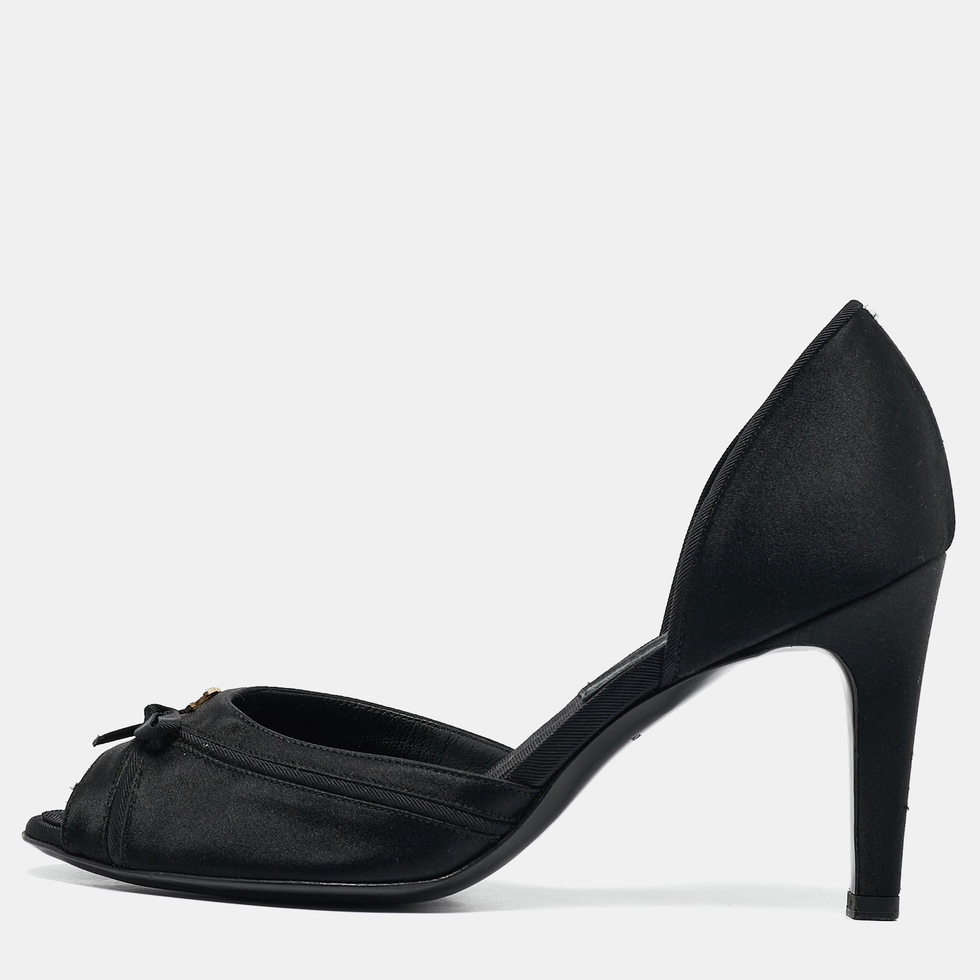 

Chanel Black Satin CC Crystal Embellished Peep Toe Pumps Size