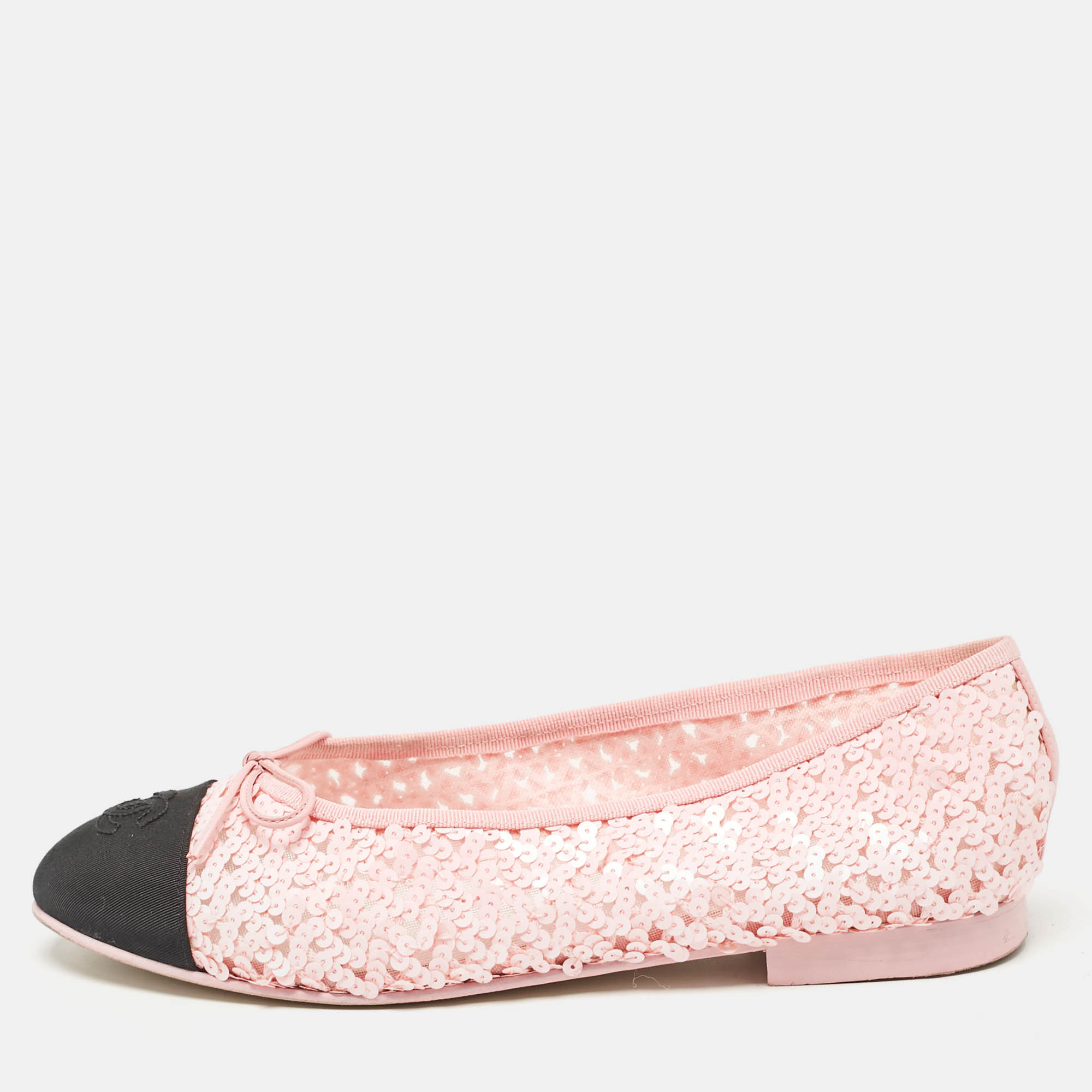 

Chanel Pink/Black Sequins and CC Fabric Cap Toe Bow Ballet Flats Size