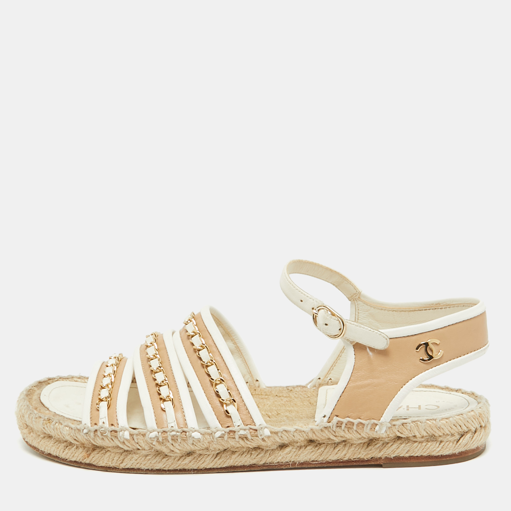 

Chanel Beige/White Leather CC Chain Link Strappy Espadrille Sandals Size