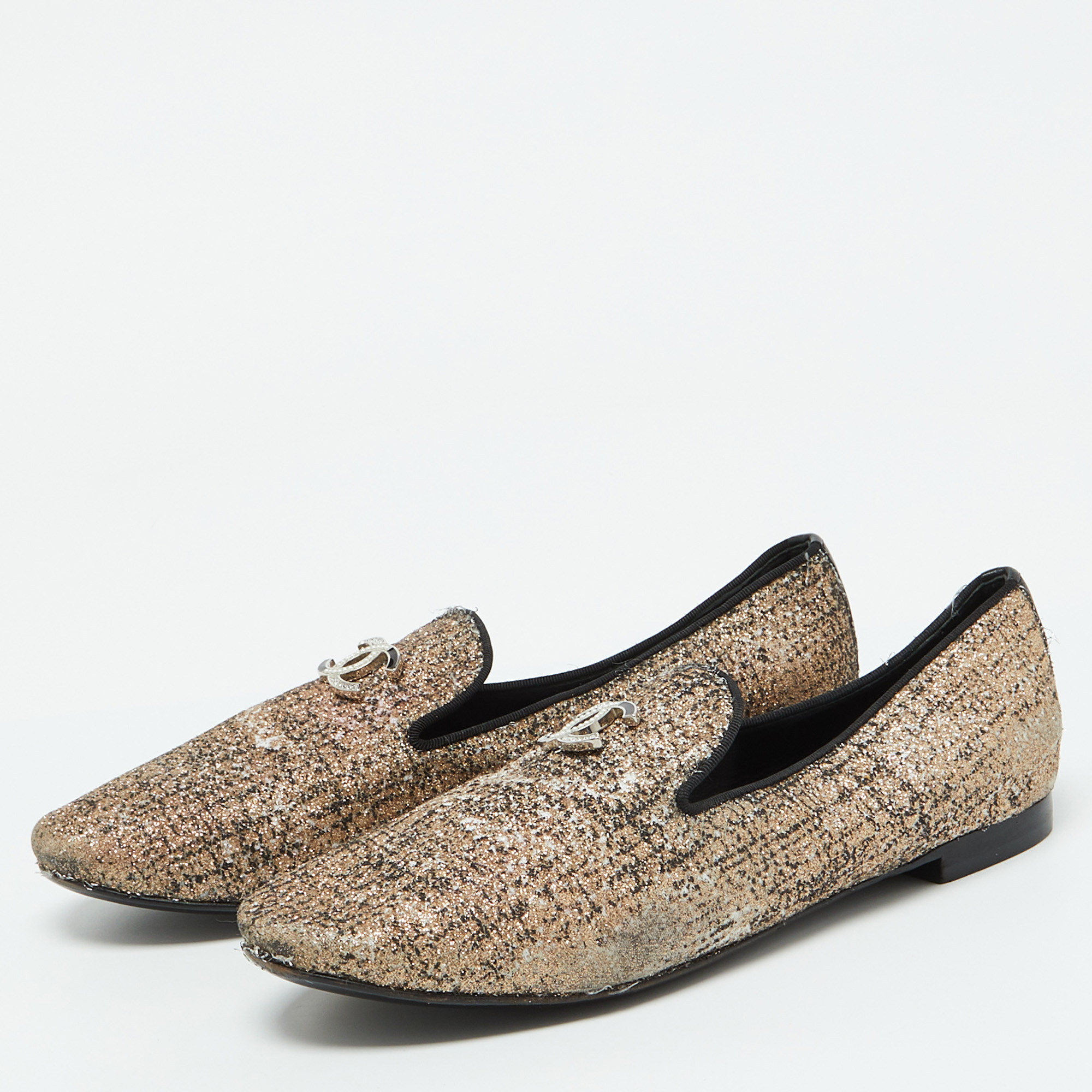 Chanel Multicolor Metallic Fabric CC Smoking Slippers Size 38.5 
