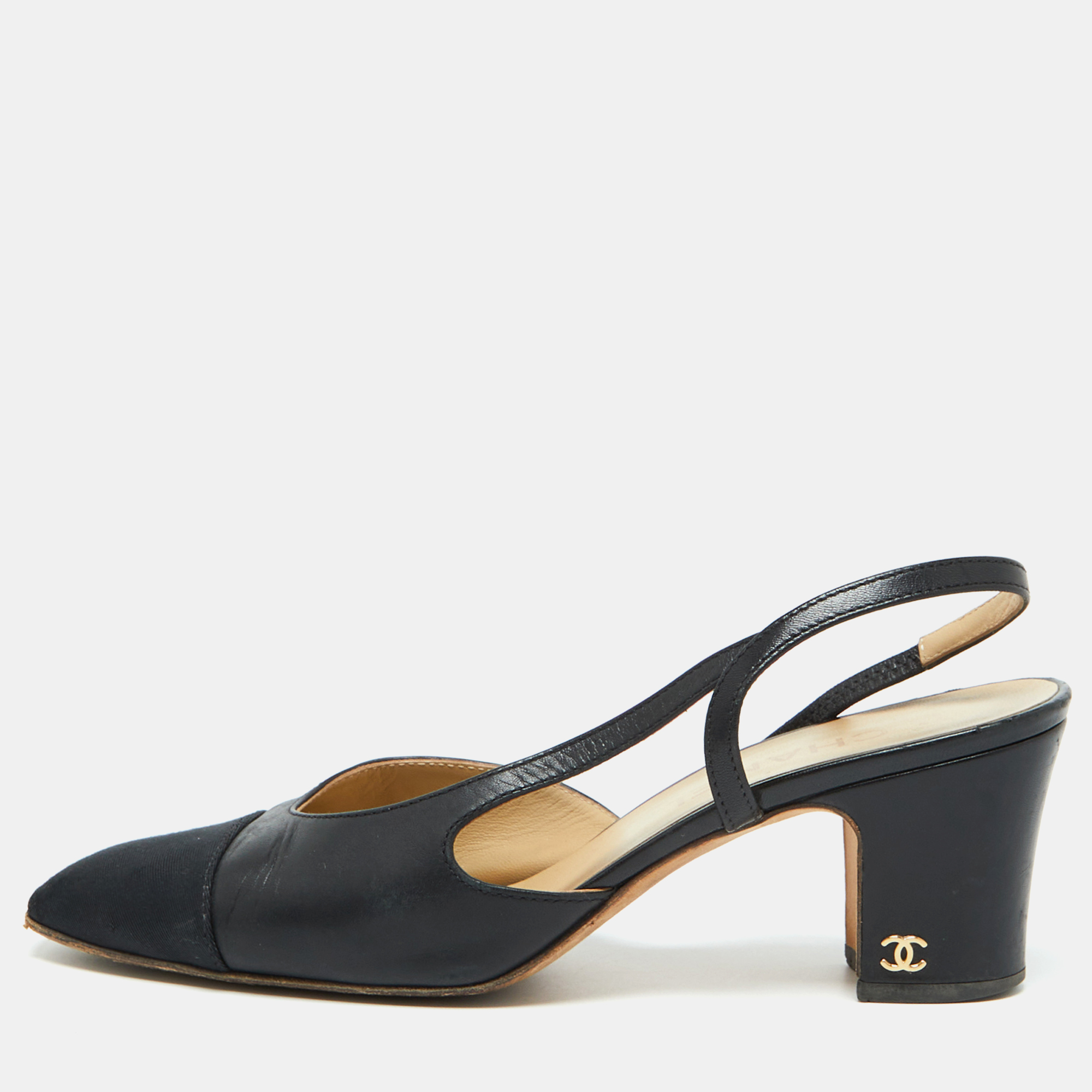 

Chanel Black Leather and Fabric CC Cap Toe Slingback Pumps Size