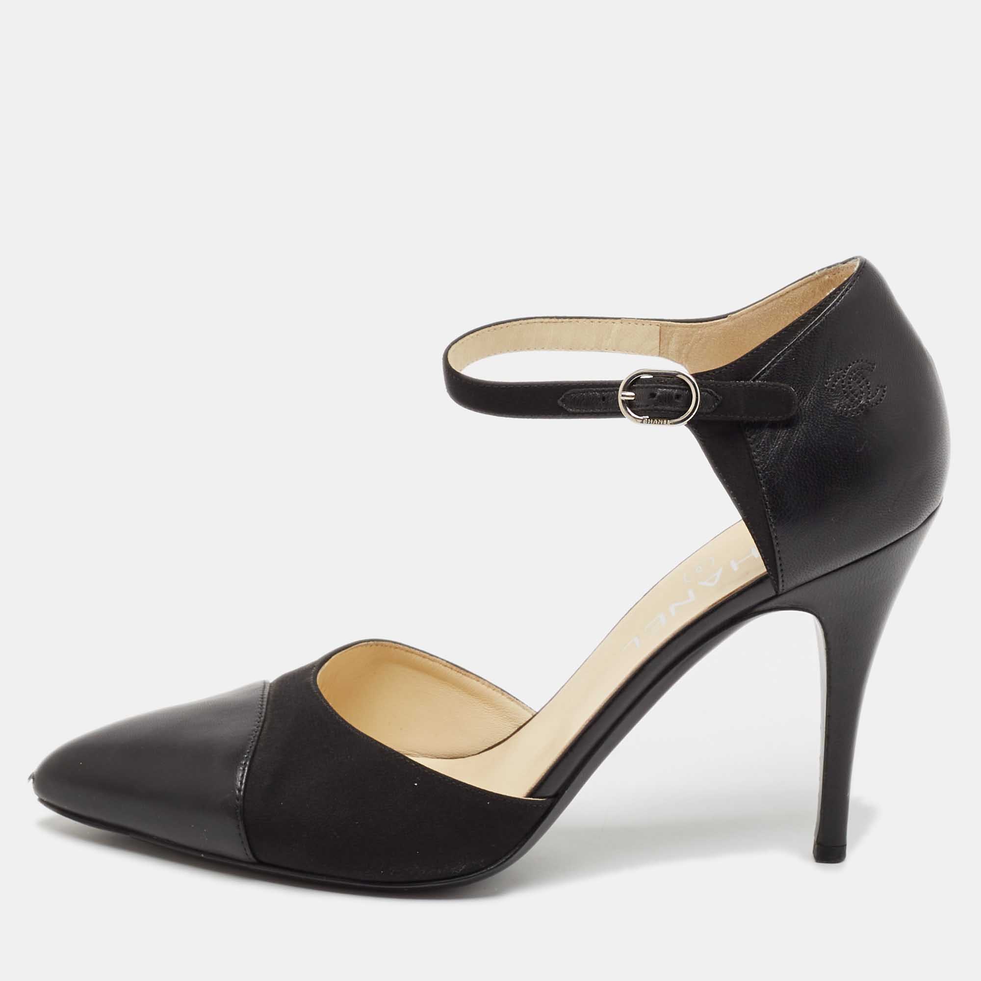 

Chanel Black Leather and Fabric CC Ankle Strap Pumps Size