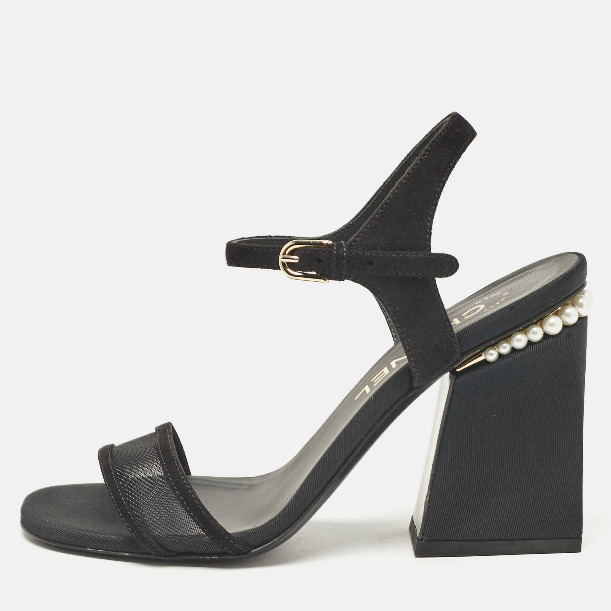 

Chanel Black Mesh and Suede CC Ankle Strap Sandals Size