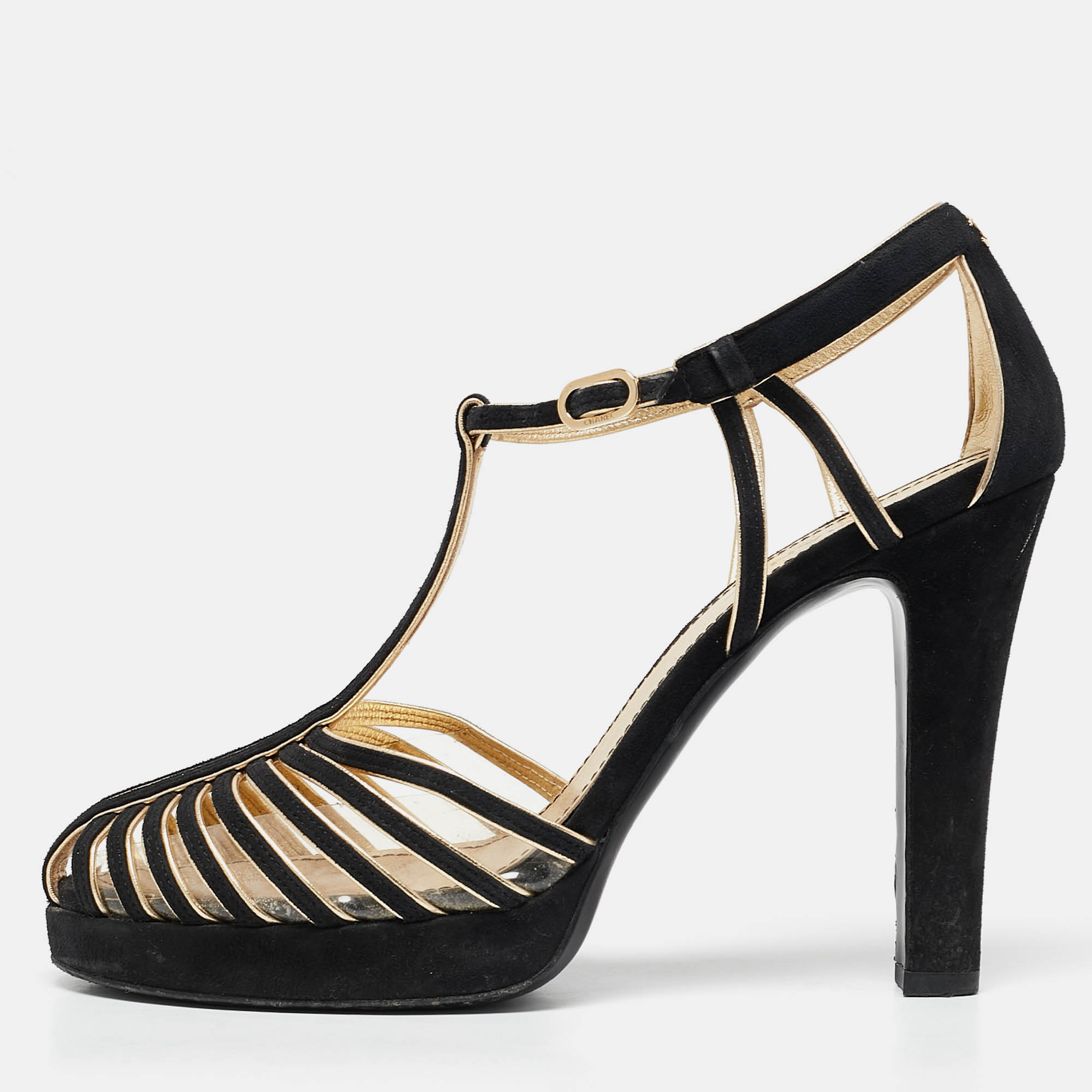 

Chanel Black/Gold Suede T- Strap Platform Pumps Size