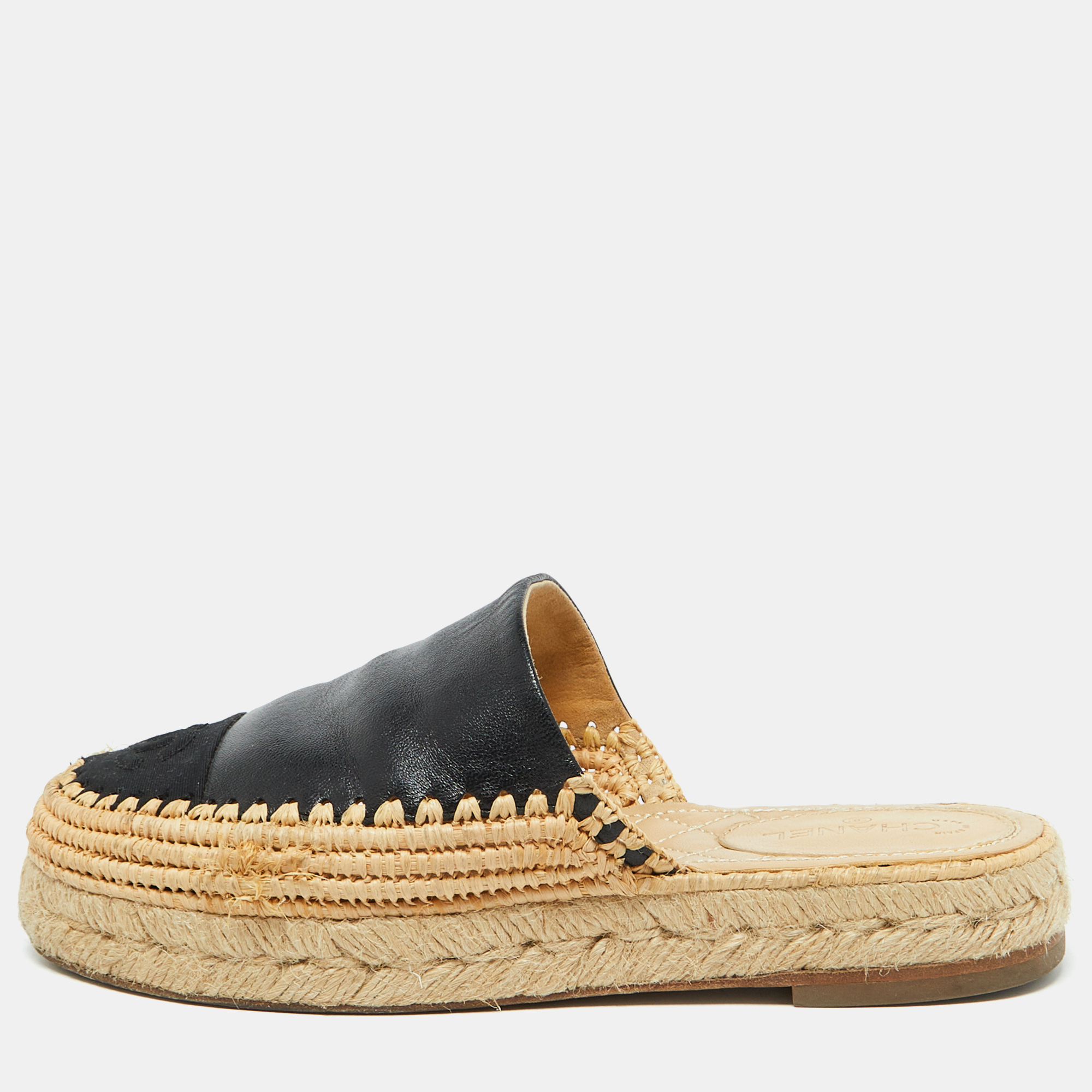 

Chanel Black Leather and Raffia CC Platform Espadrille Mules Size