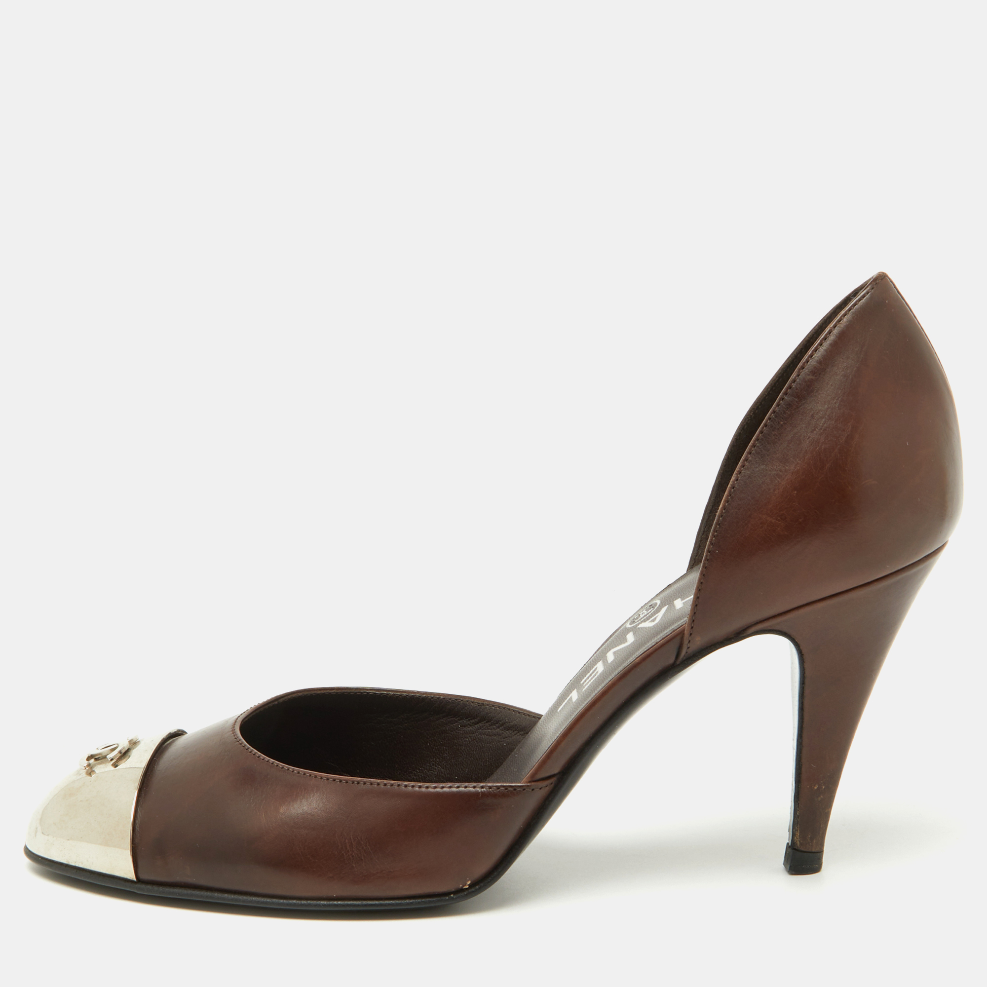 

Chanel Dark Brown Leather CC Metal Cap Toe D'orsay Pumps Size