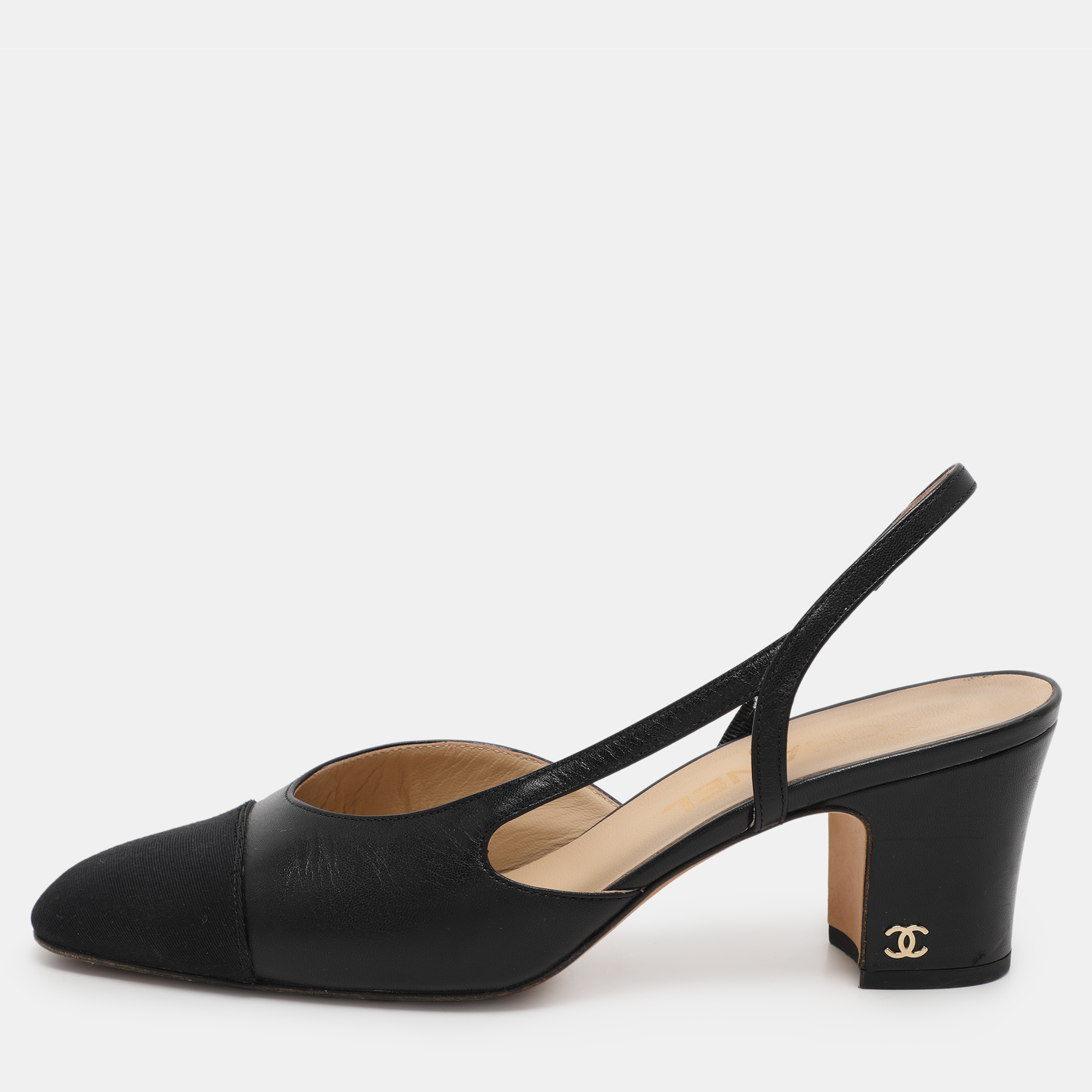 

Chanel Black Fabric and Leather CC Slingback Pumps Size