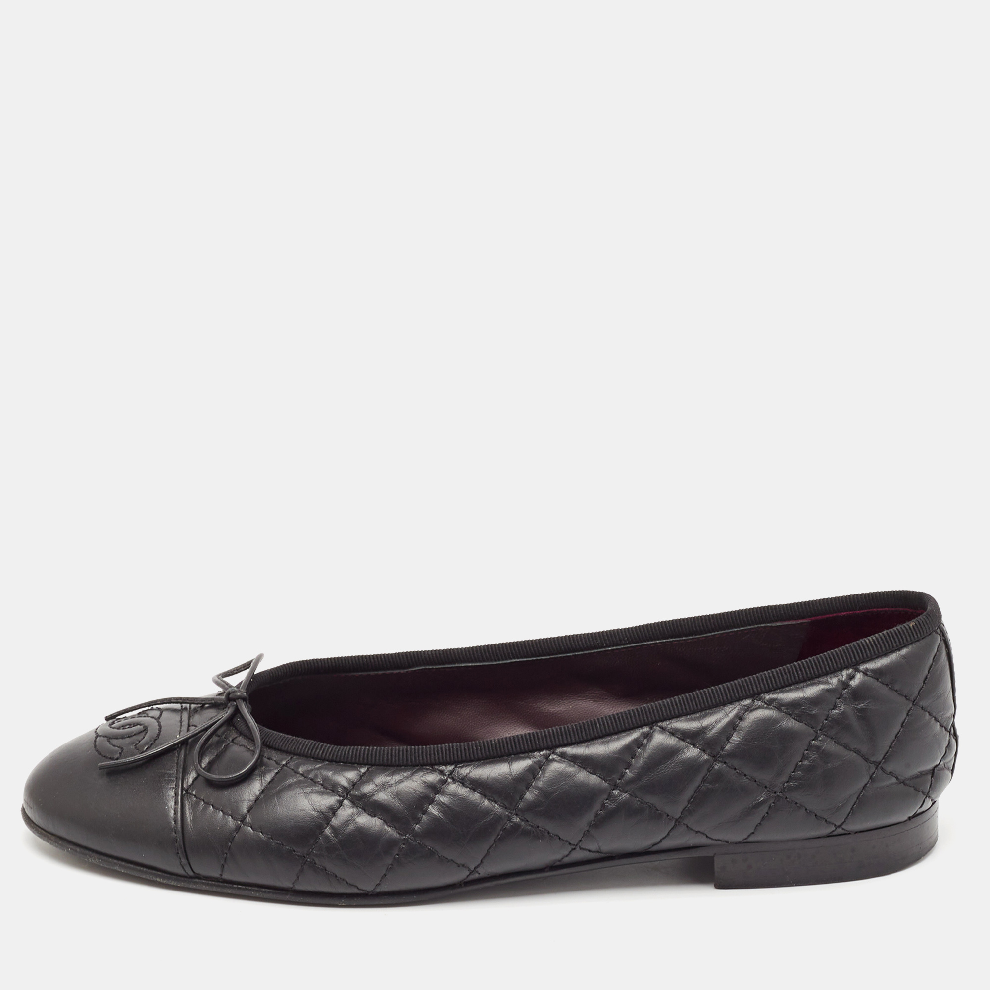 

Chanel Black Leather CC Cap Toe Bow Ballet Flats Size