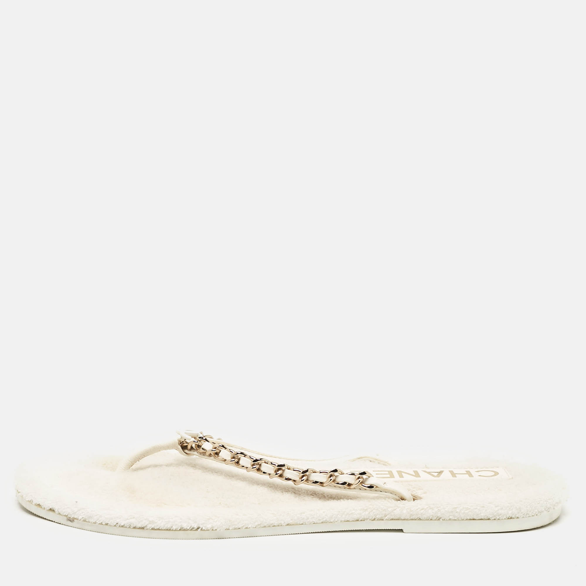 

Chanel White Leather Chain Embellished Thong Flats Size