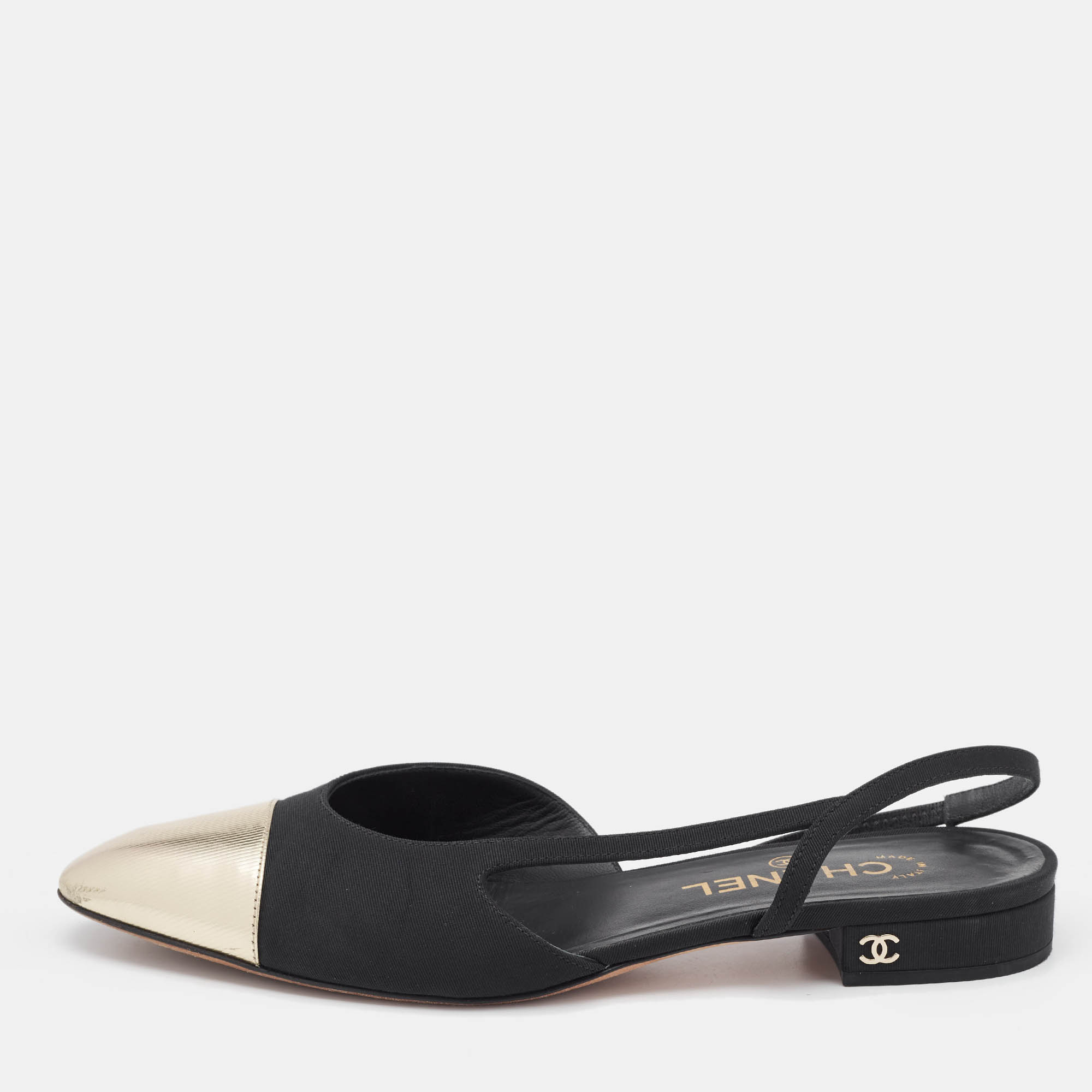 

Chanel Black/Gold Grosgrain and Leather CC Slingback Flats Size