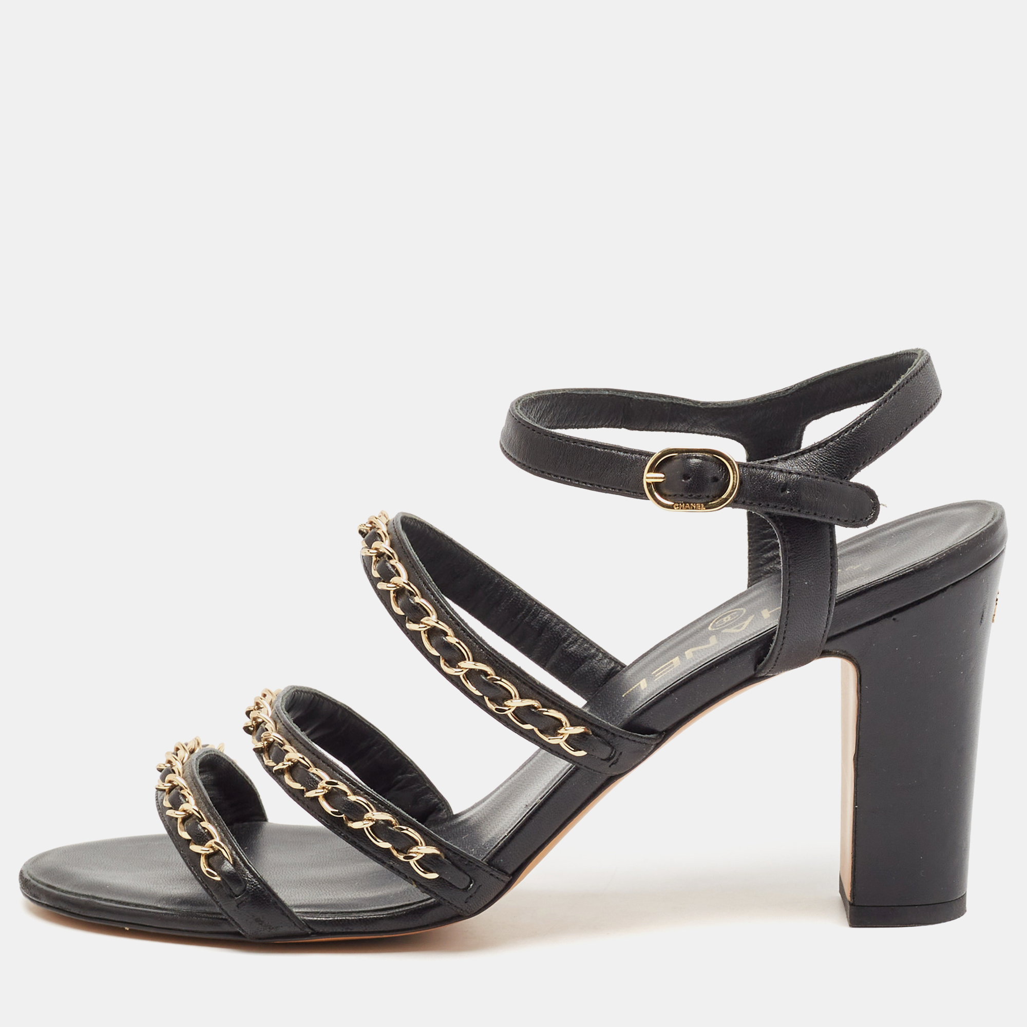 

Chanel Black Leather CC Chain Detail Ankle Strap Sandals Size