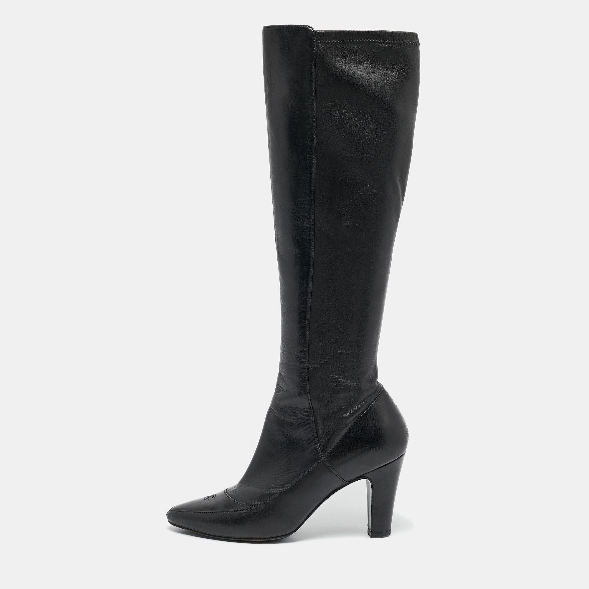 

Chanel Black Leather CC Cap Toe Mid Calf Boots Size