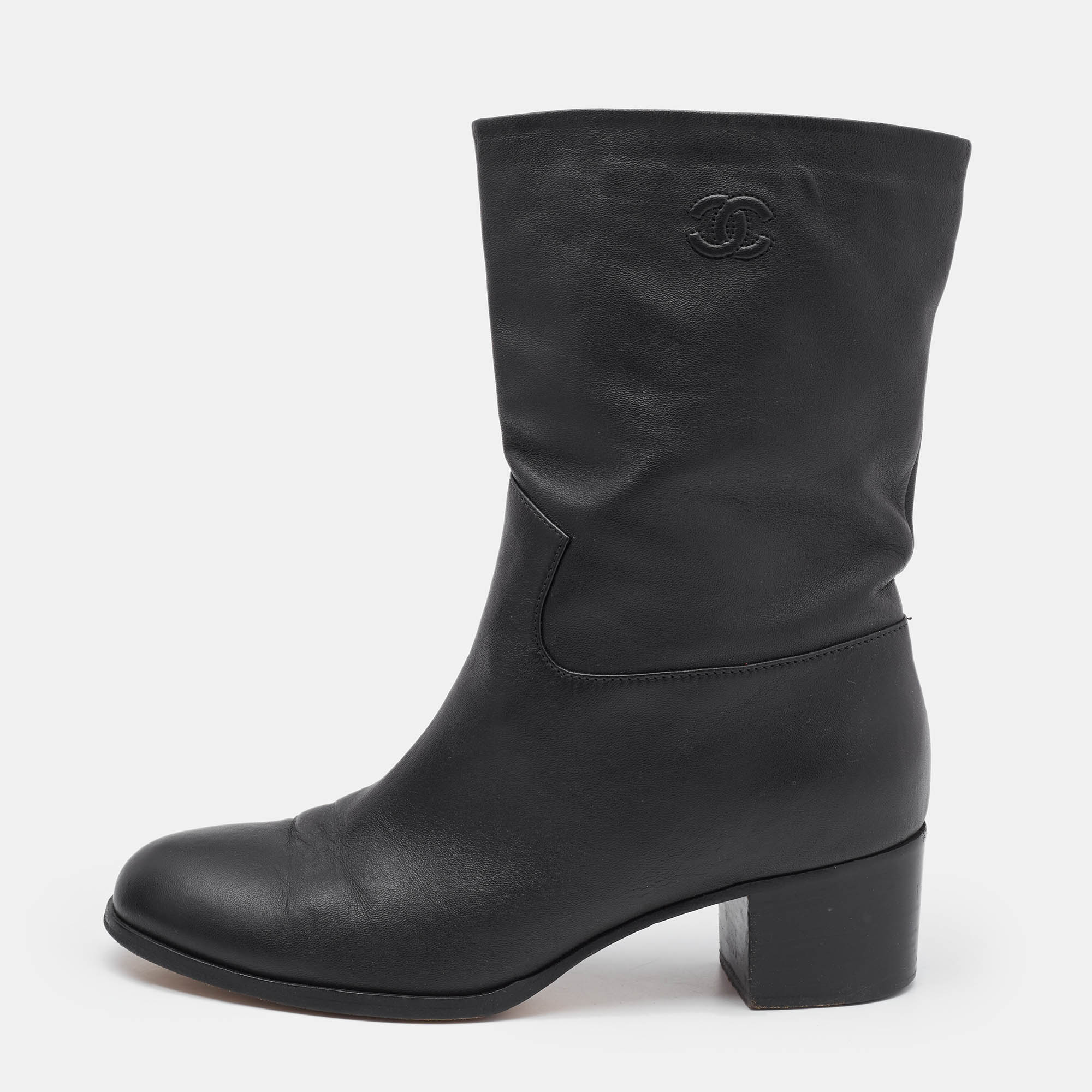 

Chanel Black Leather CC Ankle Length Boots Size