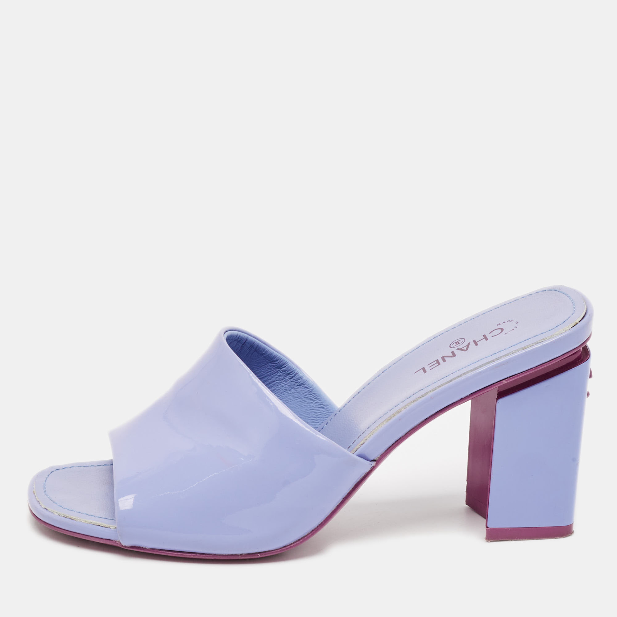 

Chanel Purple Patent Leather CC Block Heel Slide Sandals Size