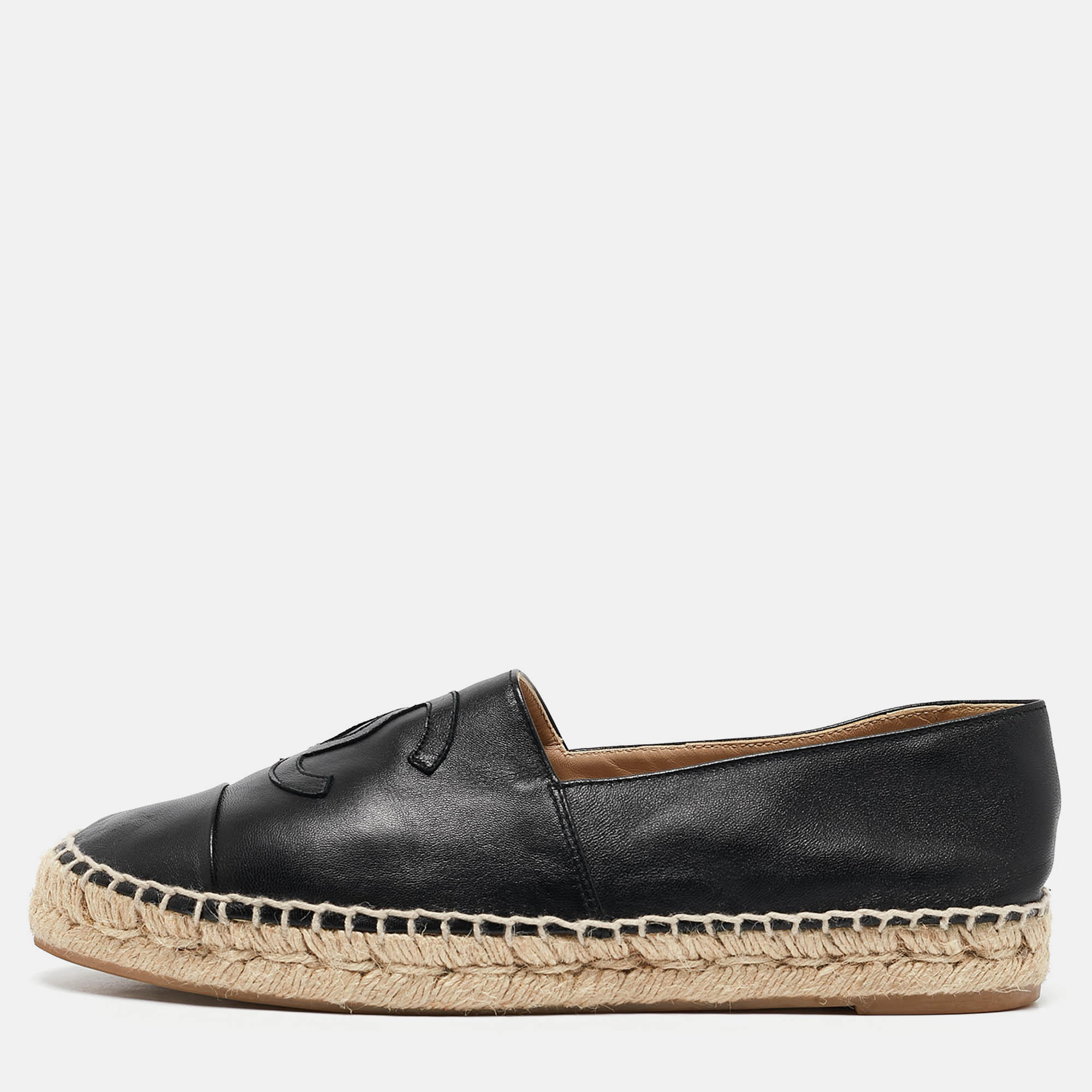 

Chanel Black Leather CC Cap Toe Espadrille Flats Size