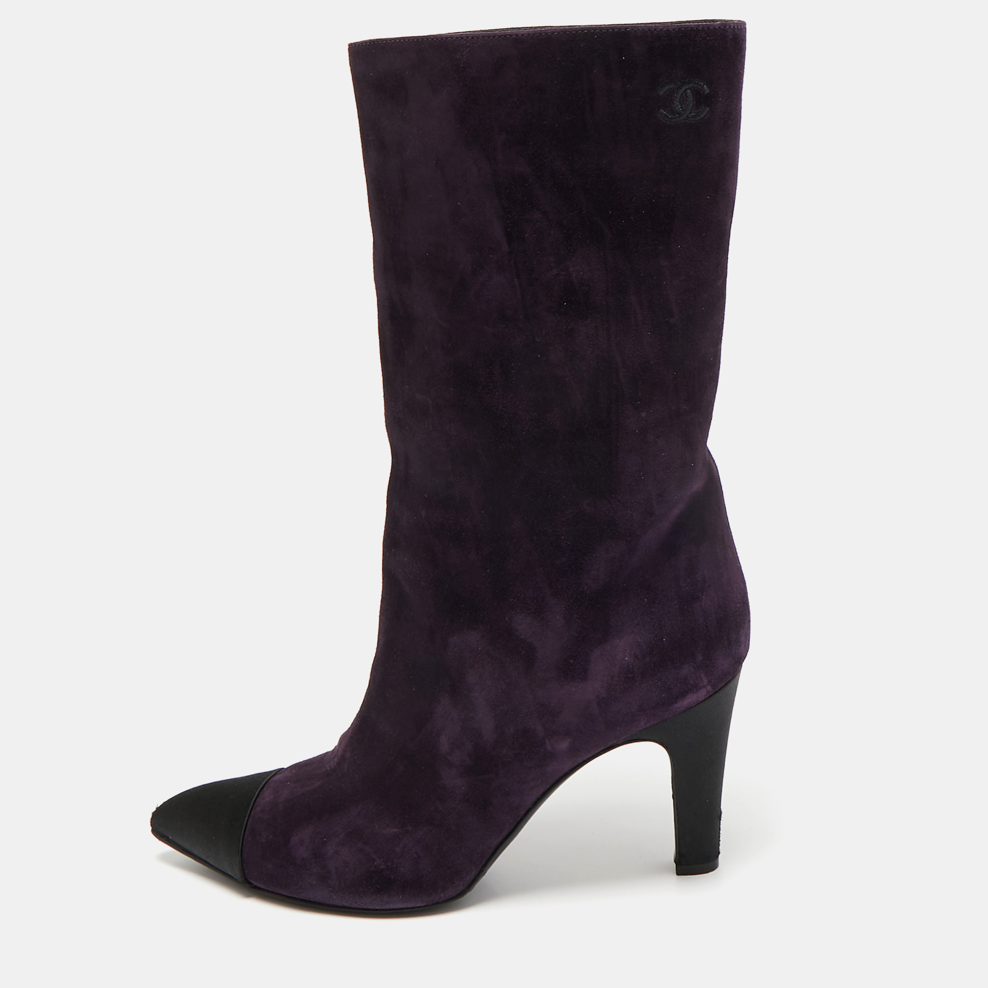 

Chanel Purple/Black Suede and Satin CC Mid Calf Boots Size