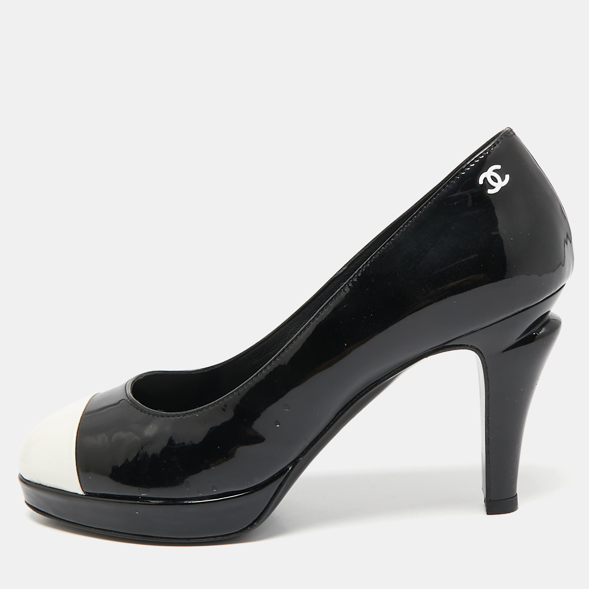 

Chanel Black/White Patent Leather CC Cap Toe Platform Pumps Size