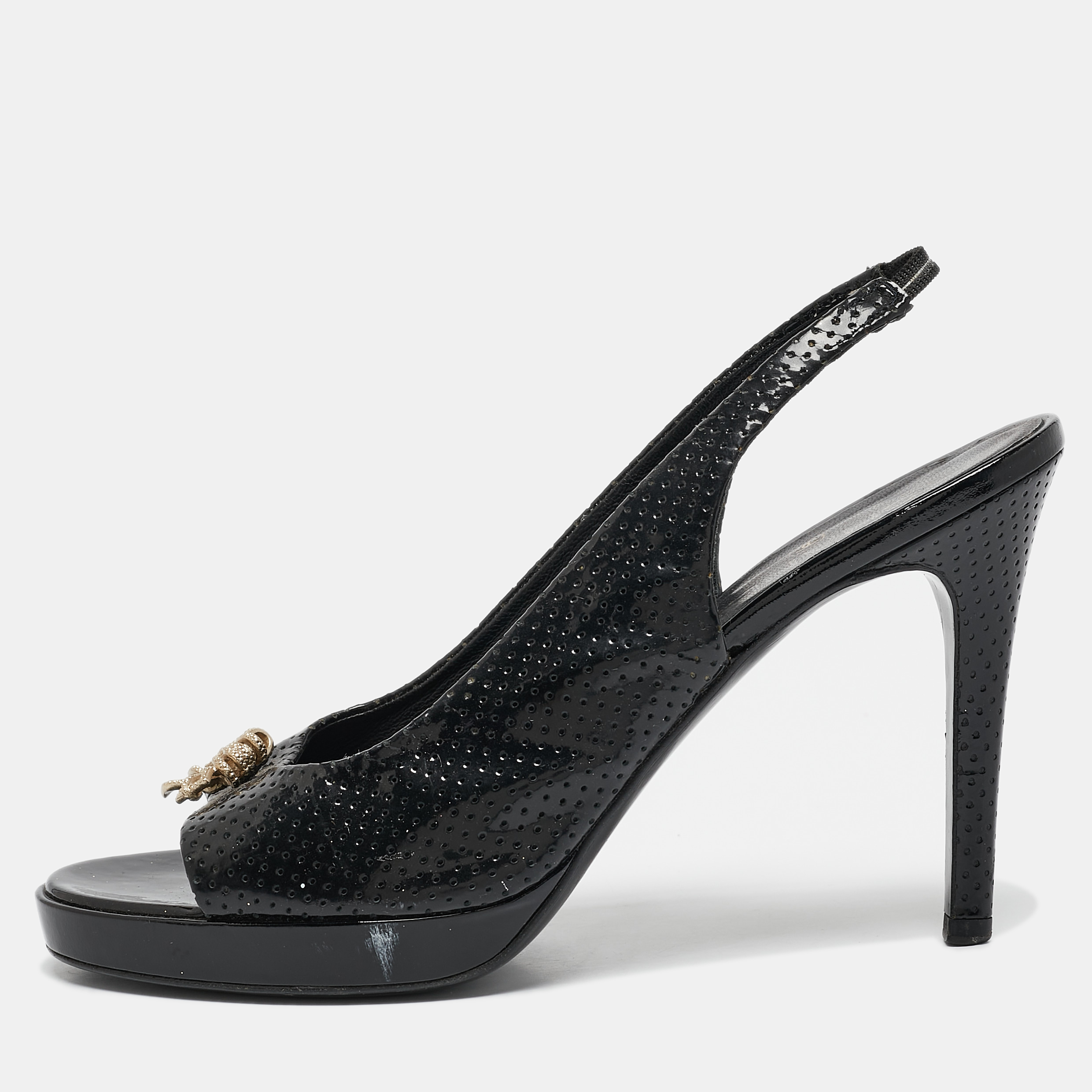 

Chanel Black Perforated Patent Leather Open Toe Slingback Sandals Size