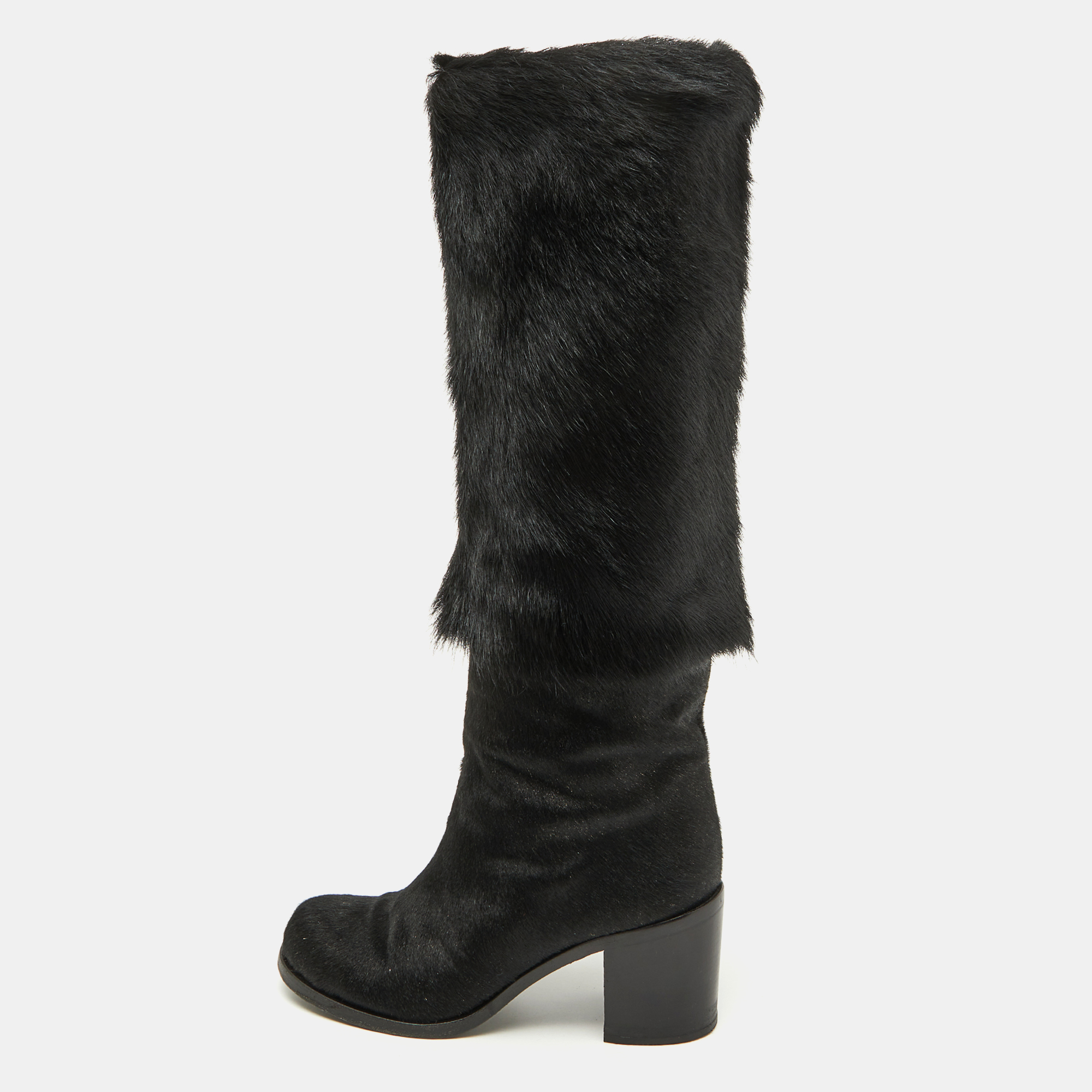 

Chanel Black Calf Hair Block Heel Calf Length Boots Size