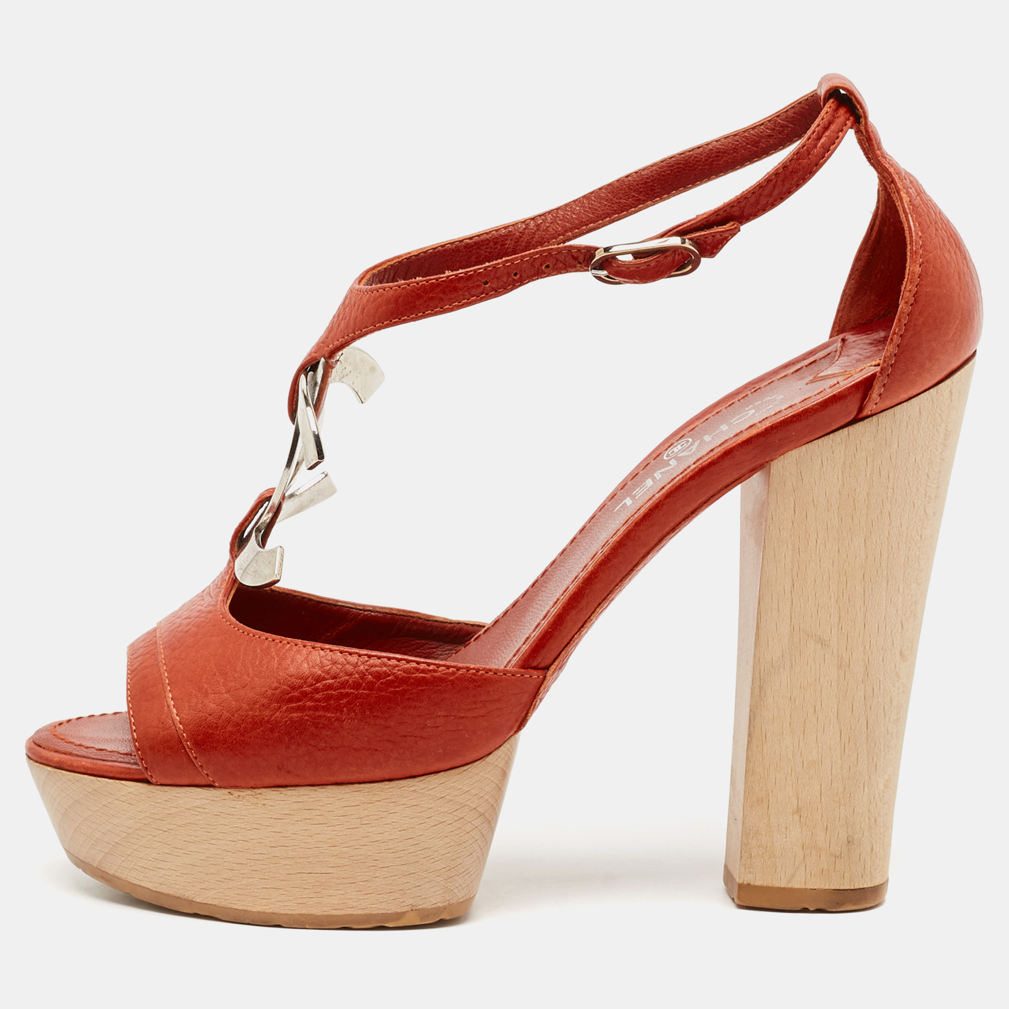 

Chanel Dark Orange Leather CC Detail Ankle Strap Platform Sandals Size