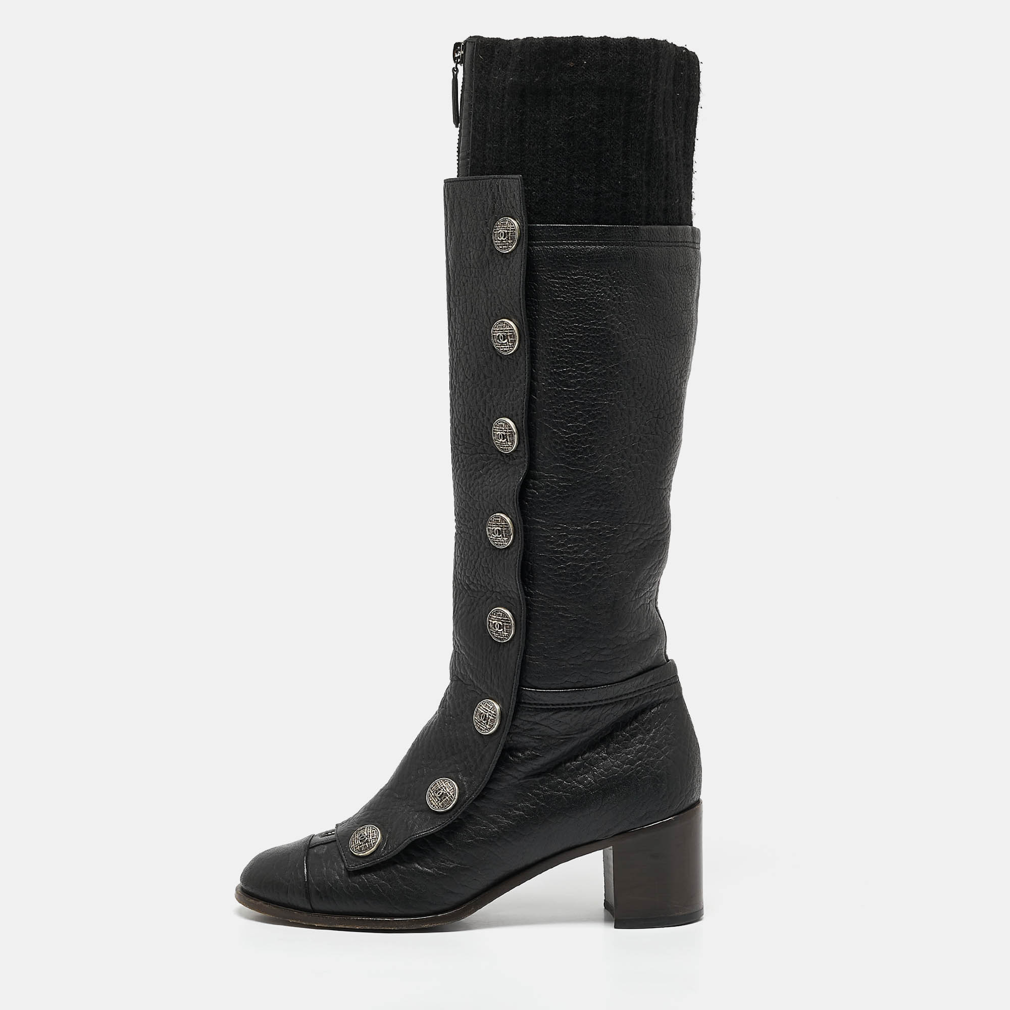 

Chanel Black Fabric and Leather Knee Length Boots Size