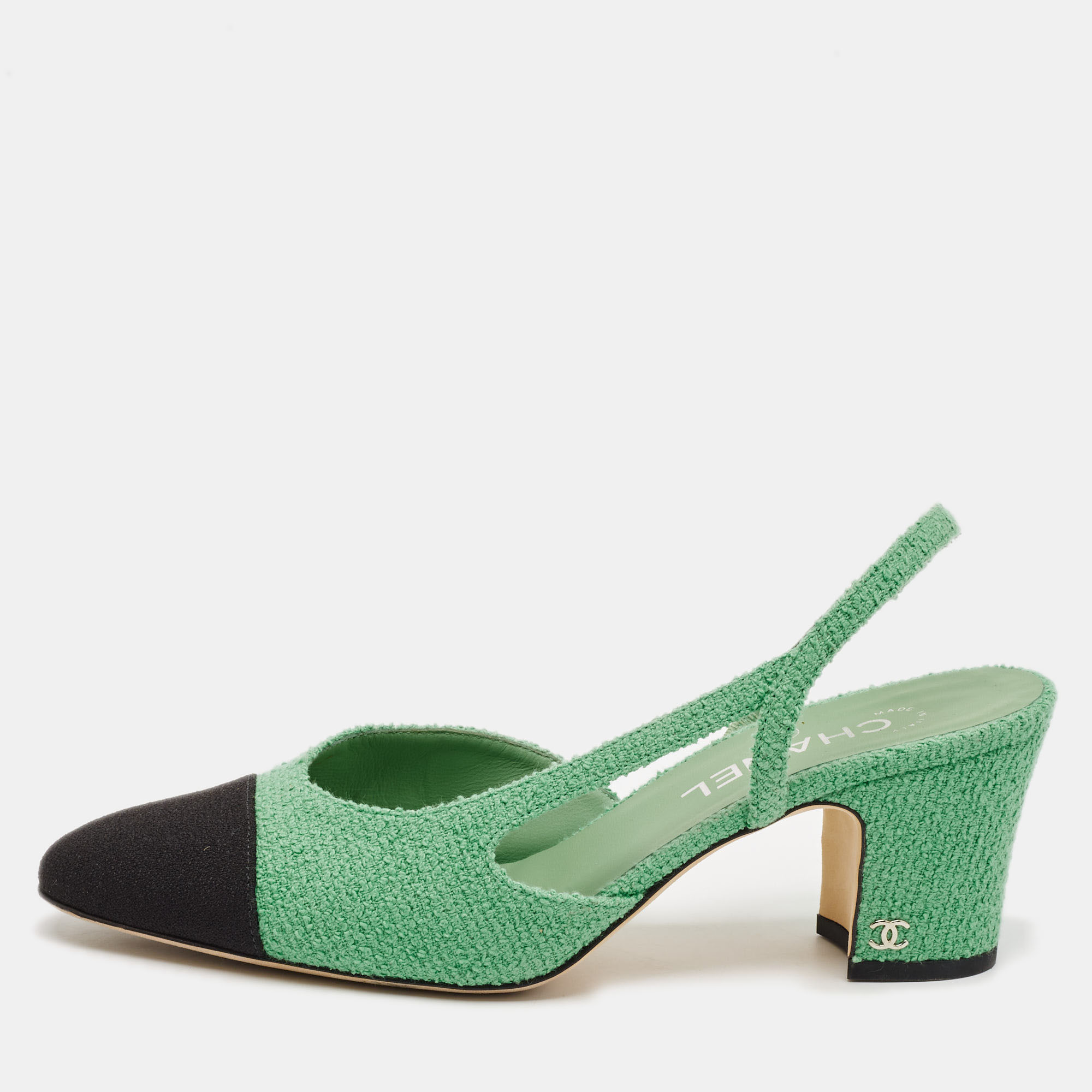 

Chanel Green/Black Tweed and Fabric Cap Toe CC Slingback Pumps Size