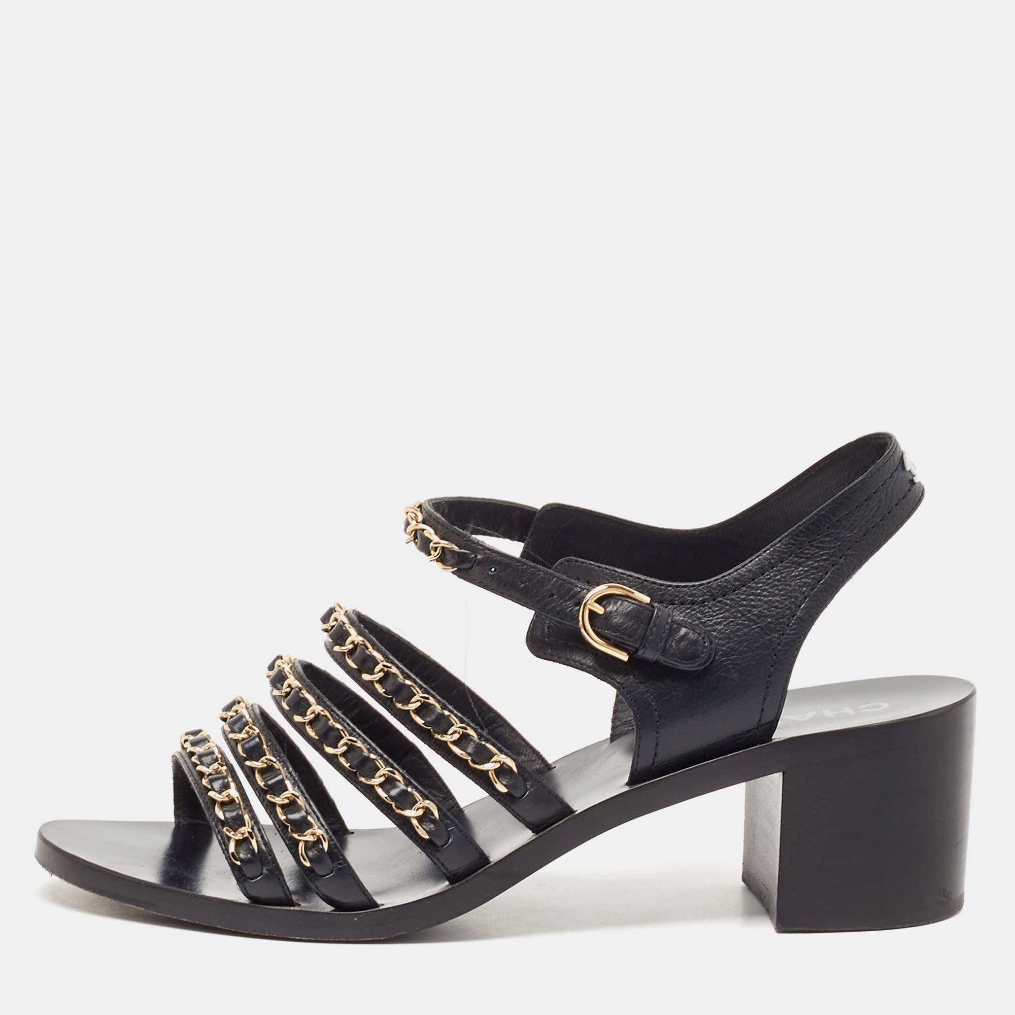 

Chanel Black Leather CC Chain Detail Ankle Strap Sandals Size