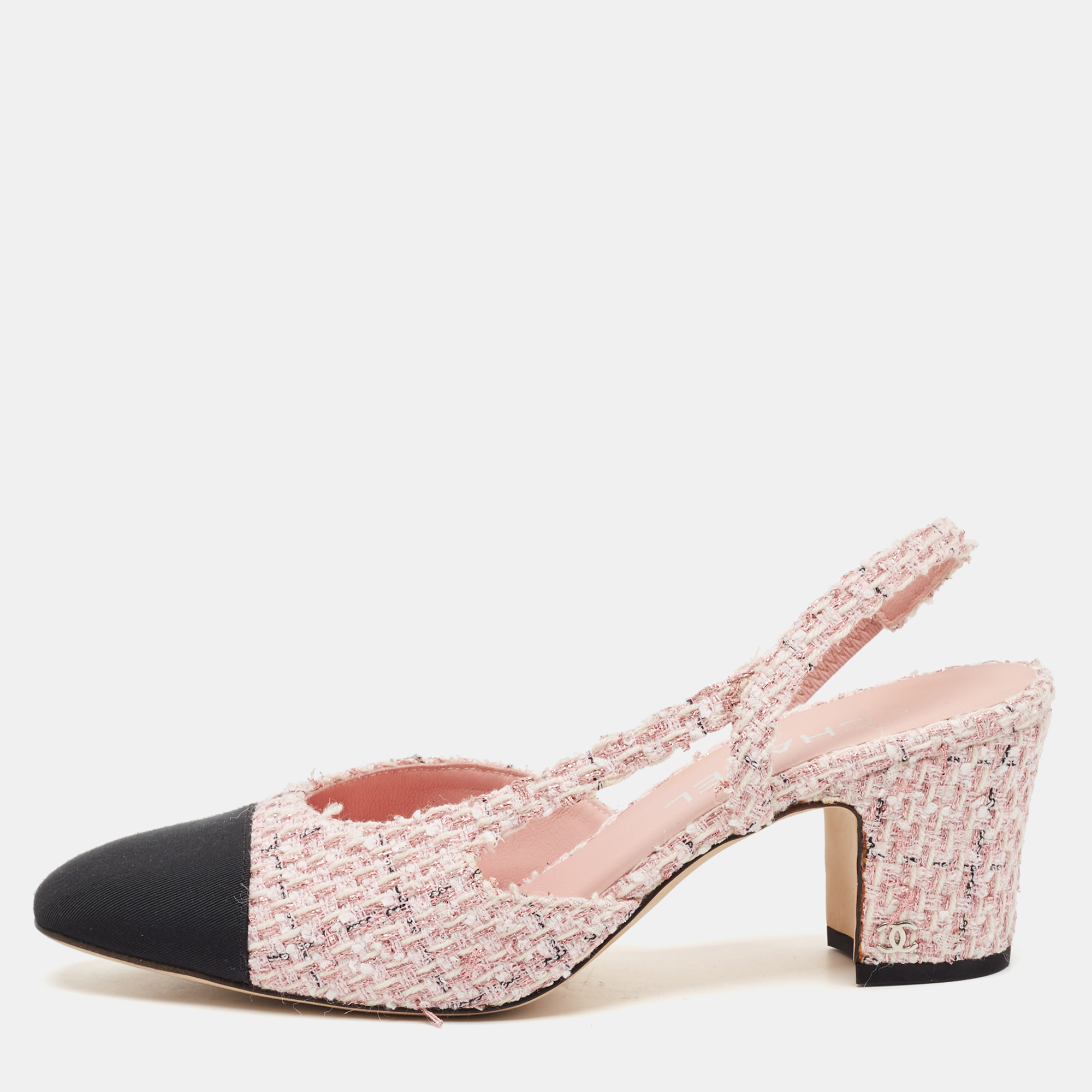 

Chanel Pink/Black Tweed and Grosgrain Cap Toe CC Slingback Pumps Size