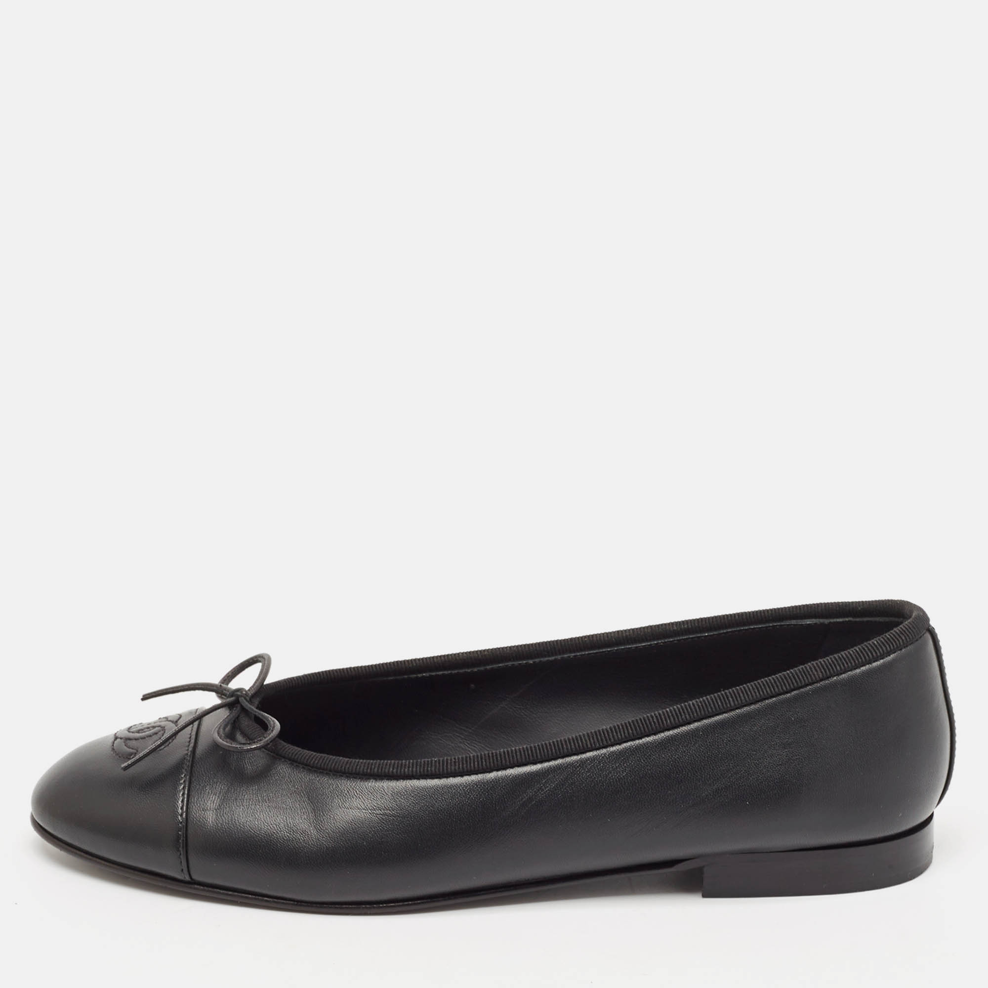 

Chanel Black Leather CC Cap Toe Bow Ballet Flats Size