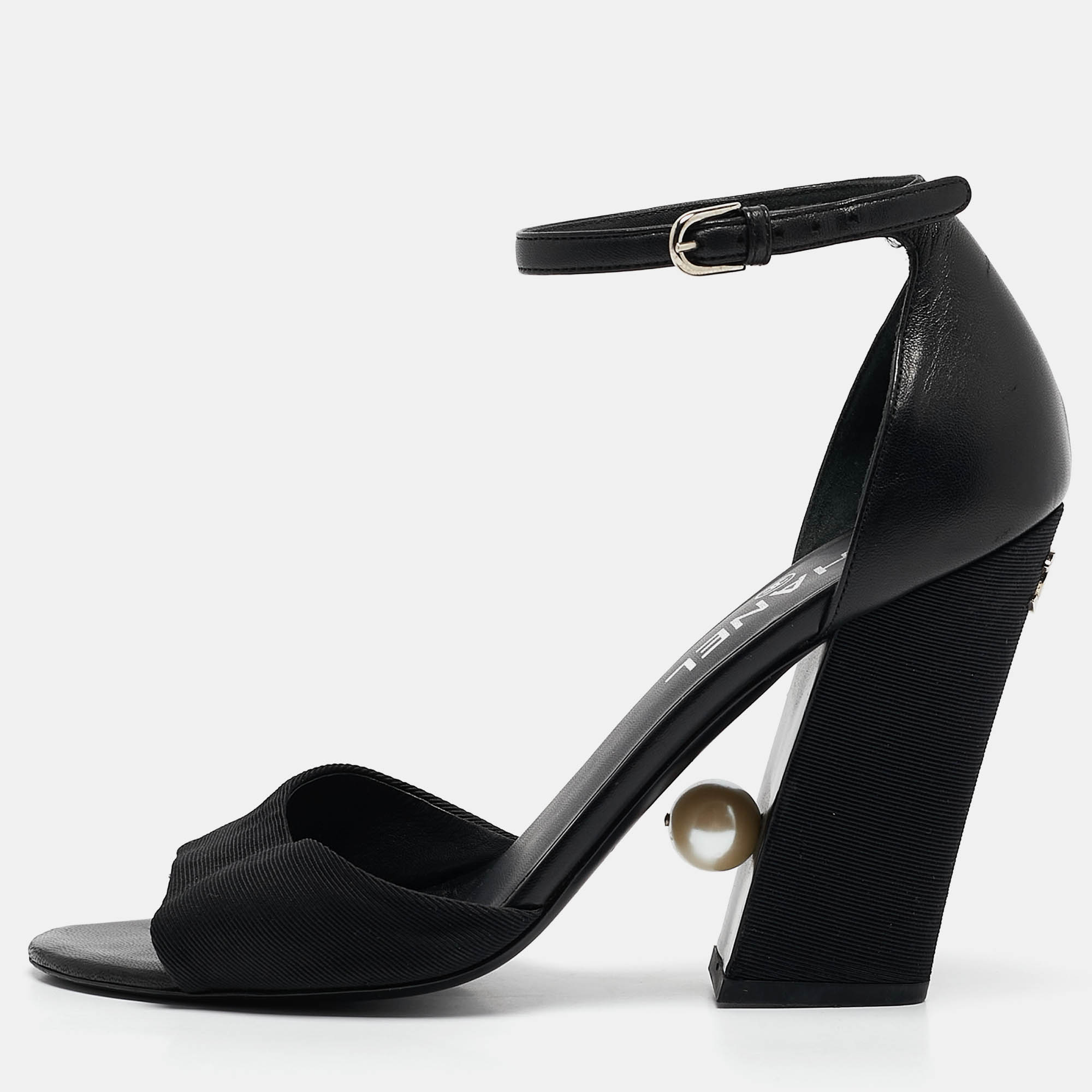 

Chanel Black Leather and Grosgrain Faux Pearl CC Ankle Strap Sandals Size