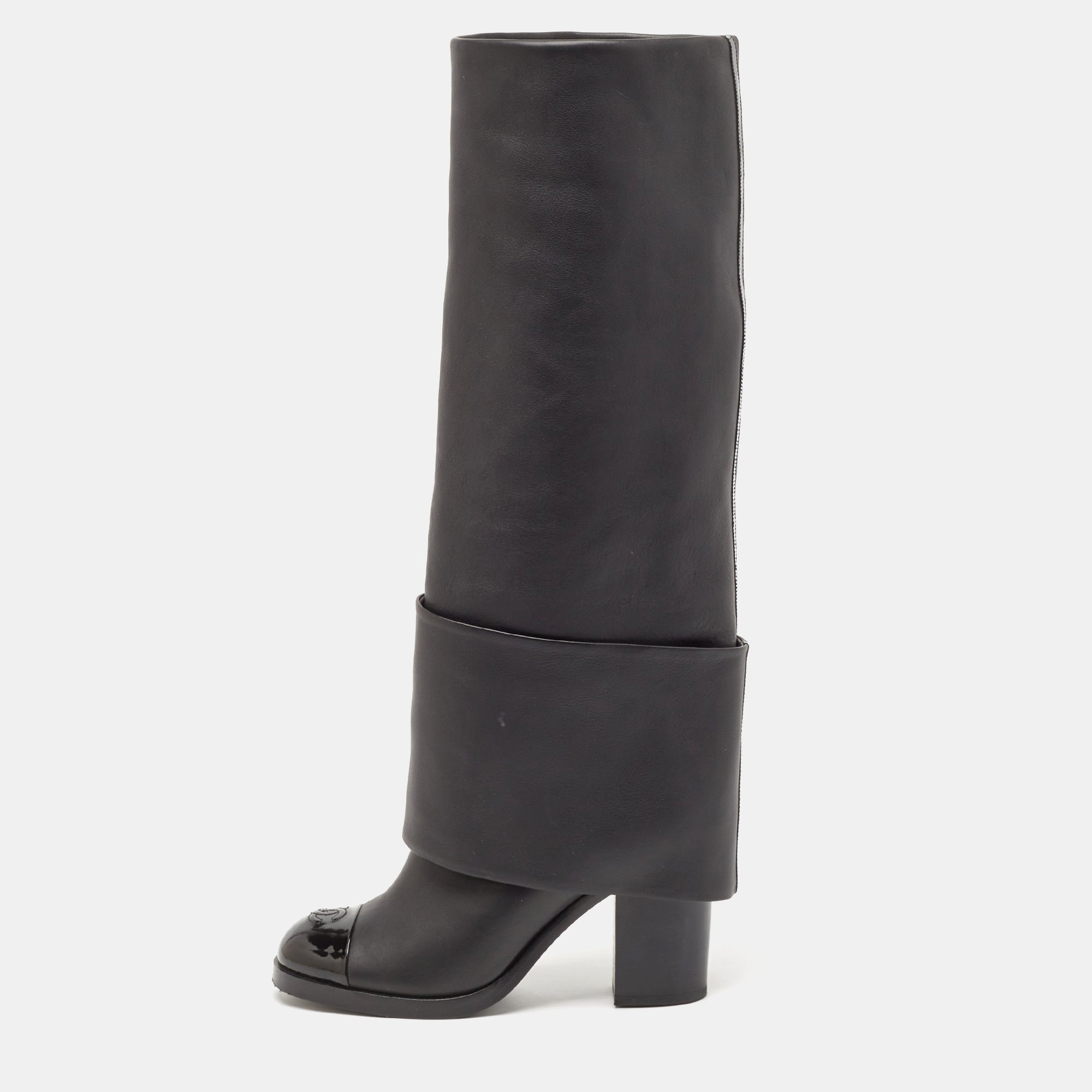 

Chanel Black Patent and Leather CC Cap Toe Fold Over High Boots Size