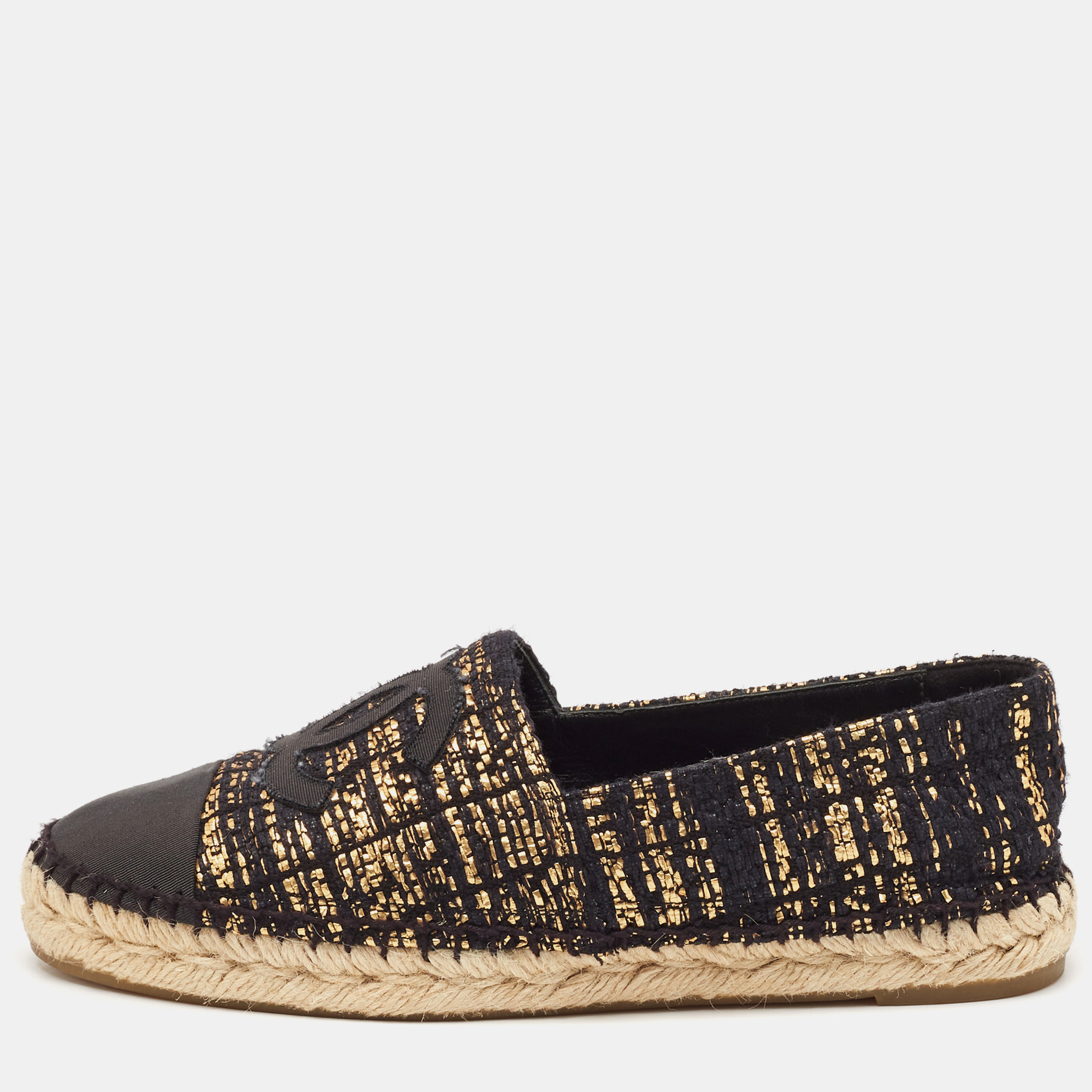 

Chanel Black/Gold Canvas and Tweed CC Espadrille Flats Size