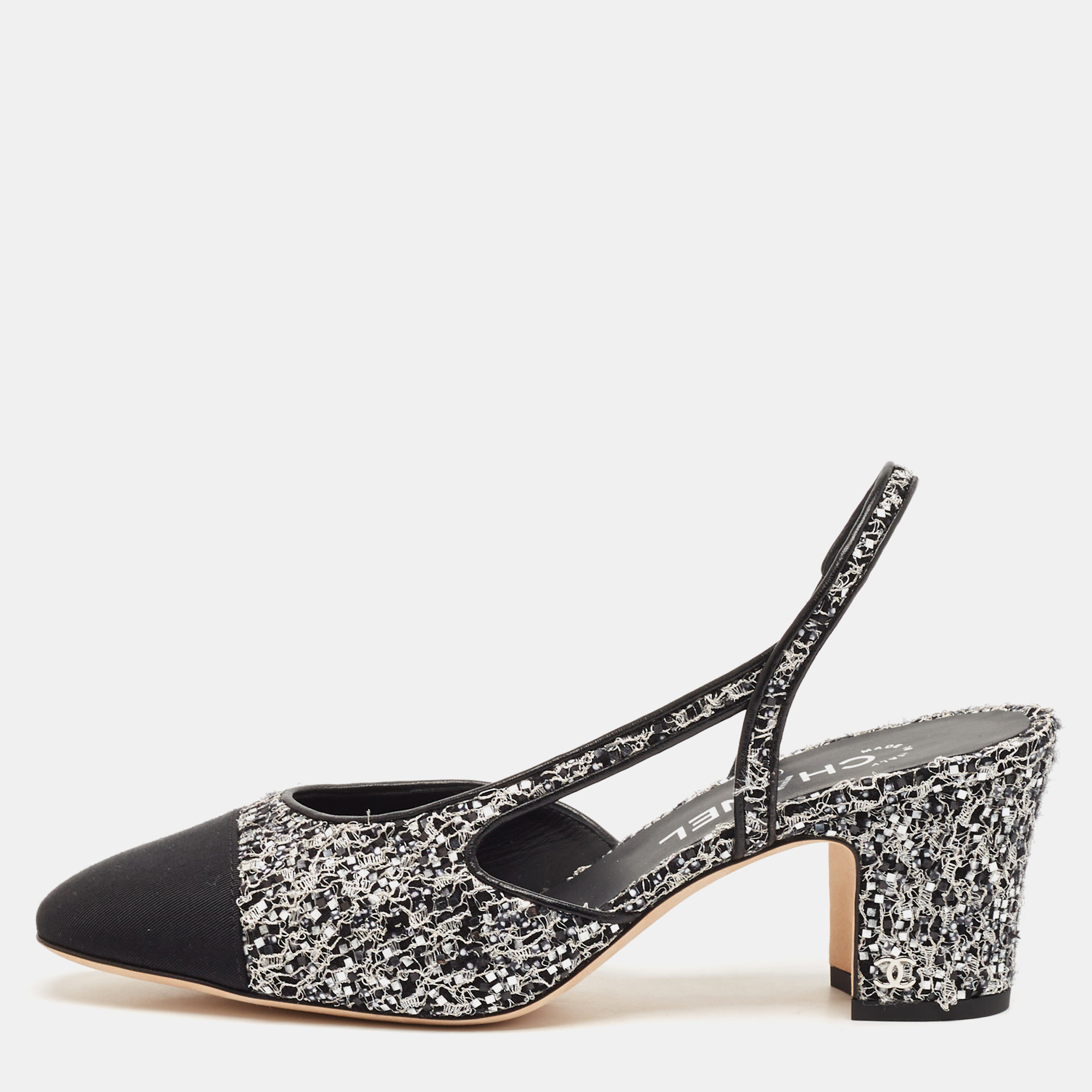 

Chanel Black/White Canvas and Fabric Embellished Slingback Pumps Size